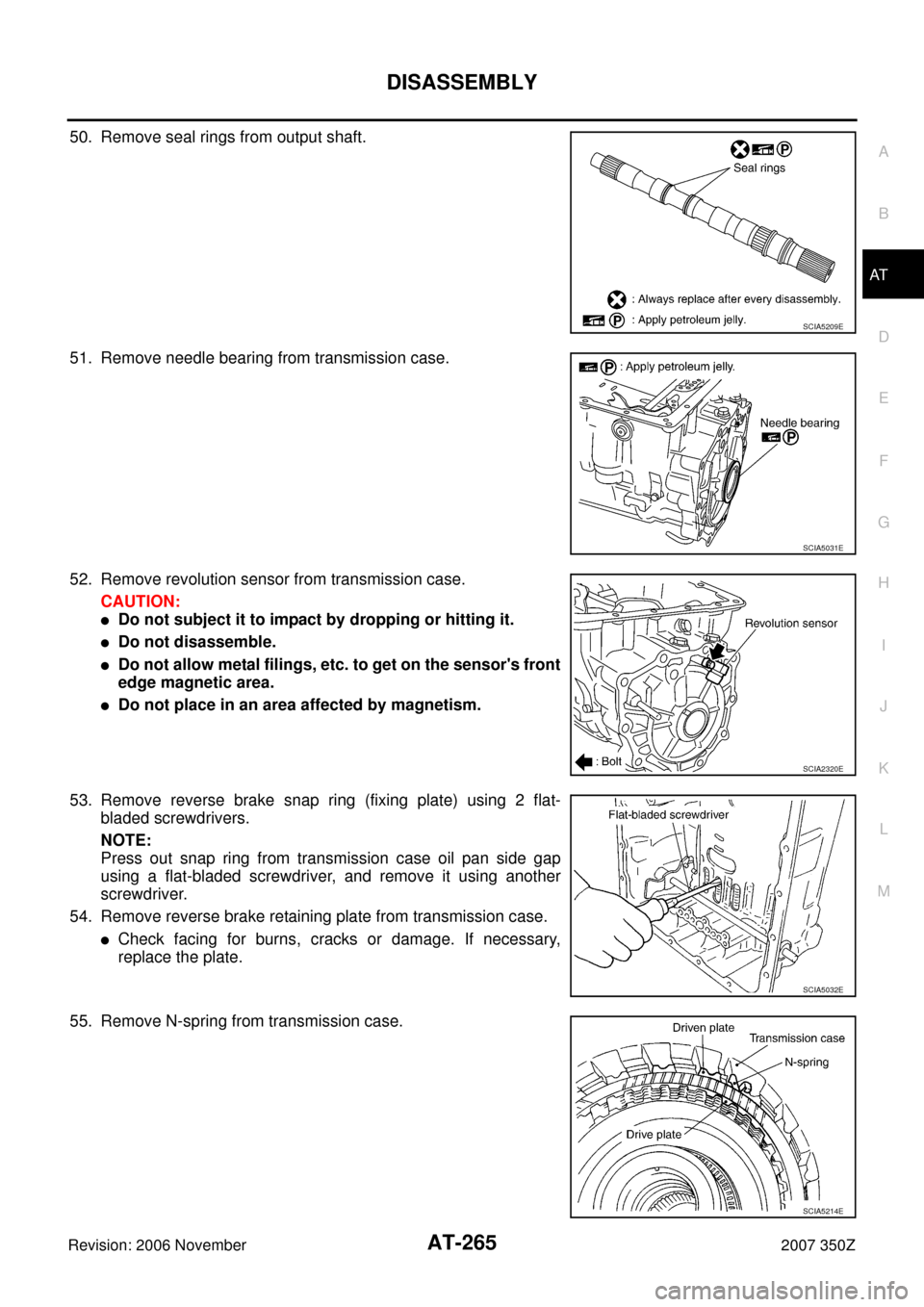 NISSAN 350Z 2007 Z33 Automatic Transmission Workshop Manual DISASSEMBLY
AT-265
D
E
F
G
H
I
J
K
L
MA
B
AT
Revision: 2006 November2007 350Z
50. Remove seal rings from output shaft.
51. Remove needle bearing from transmission case.
52. Remove revolution sensor fr