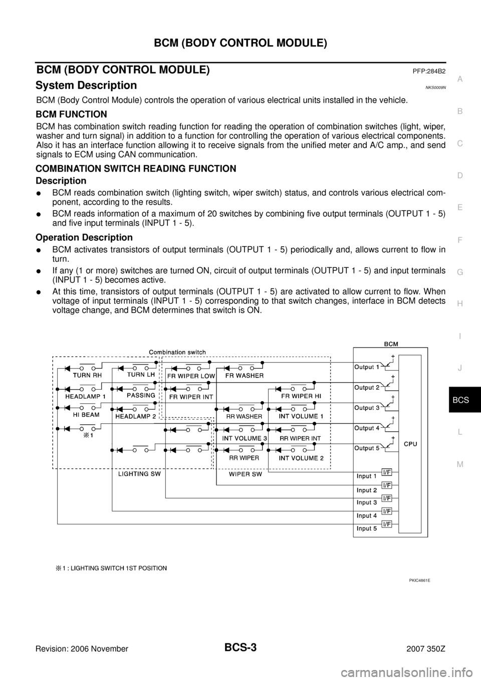 NISSAN 350Z 2007 Z33 Body Control System Workshop Manual BCM (BODY CONTROL MODULE)
BCS-3
C
D
E
F
G
H
I
J
L
MA
B
BCS
Revision: 2006 November2007 350Z
BCM (BODY CONTROL MODULE)PFP:284B2
System DescriptionNKS0009N
BCM (Body Control Module) controls the operati NISSAN 350Z 2007 Z33 Body Control System Workshop Manual BCM (BODY CONTROL MODULE)
BCS-3
C
D
E
F
G
H
I
J
L
MA
B
BCS
Revision: 2006 November2007 350Z
BCM (BODY CONTROL MODULE)PFP:284B2
System DescriptionNKS0009N
BCM (Body Control Module) controls the operati