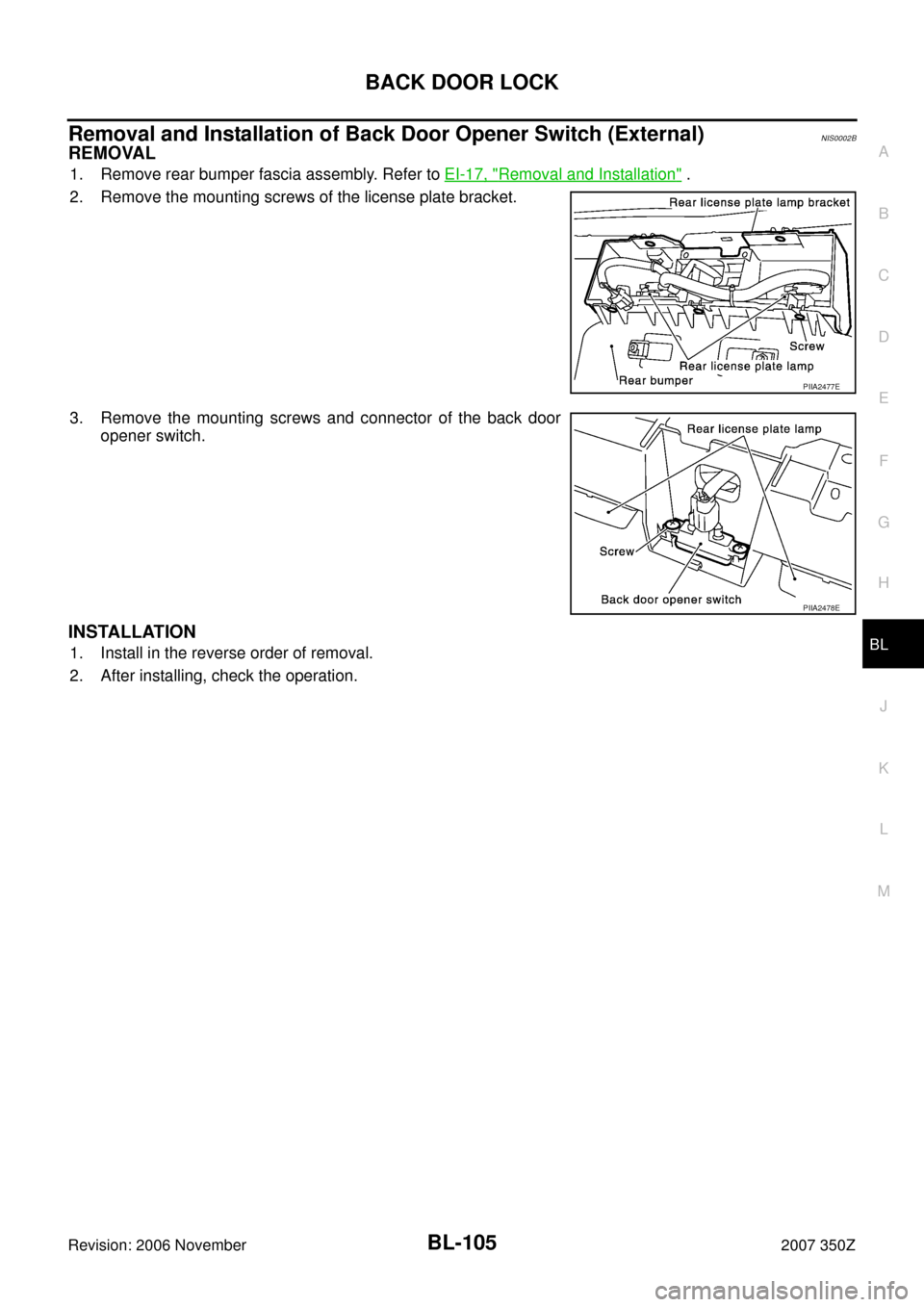 NISSAN 350Z 2007 Z33 Body, Lock And Security System Workshop Manual BACK DOOR LOCK
BL-105
C
D
E
F
G
H
J
K
L
MA
B
BL
Revision: 2006 November2007 350Z
Removal and Installation of Back Door Opener Switch (External)NIS0002B
REMOVAL
1. Remove rear bumper fascia assembly. R