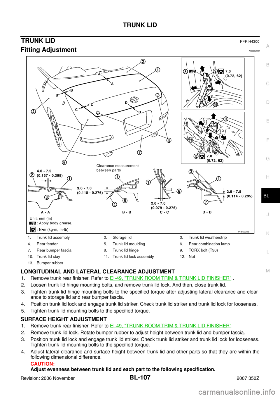 NISSAN 350Z 2007 Z33 Body, Lock And Security System Workshop Manual TRUNK LID
BL-107
C
D
E
F
G
H
J
K
L
MA
B
BL
Revision: 2006 November2007 350Z
TRUNK LIDPFP:H4300
Fitting AdjustmentNIS0002D
LONGITUDINAL AND LATERAL CLEARANCE ADJUSTMENT
1. Remove trunk rear finisher. R NISSAN 350Z 2007 Z33 Body, Lock And Security System Workshop Manual TRUNK LID
BL-107
C
D
E
F
G
H
J
K
L
MA
B
BL
Revision: 2006 November2007 350Z
TRUNK LIDPFP:H4300
Fitting AdjustmentNIS0002D
LONGITUDINAL AND LATERAL CLEARANCE ADJUSTMENT
1. Remove trunk rear finisher. R