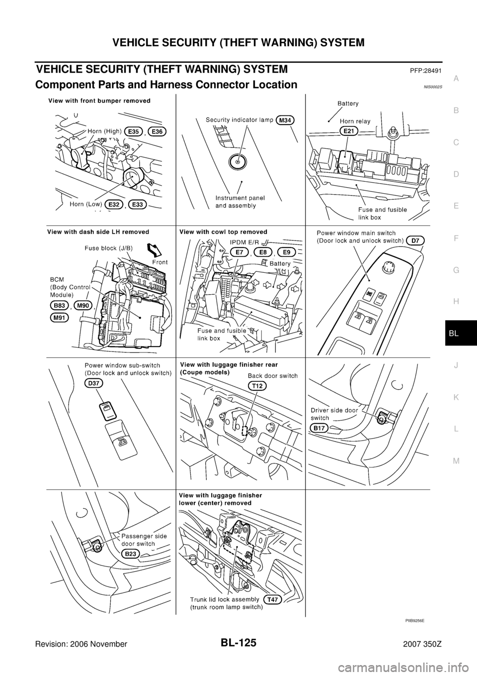NISSAN 350Z 2007 Z33 Body, Lock And Security System Workshop Manual VEHICLE SECURITY (THEFT WARNING) SYSTEM
BL-125
C
D
E
F
G
H
J
K
L
MA
B
BL
Revision: 2006 November2007 350Z
VEHICLE SECURITY (THEFT WARNING) SYSTEMPFP:28491
Component Parts and Harness Connector Locatio