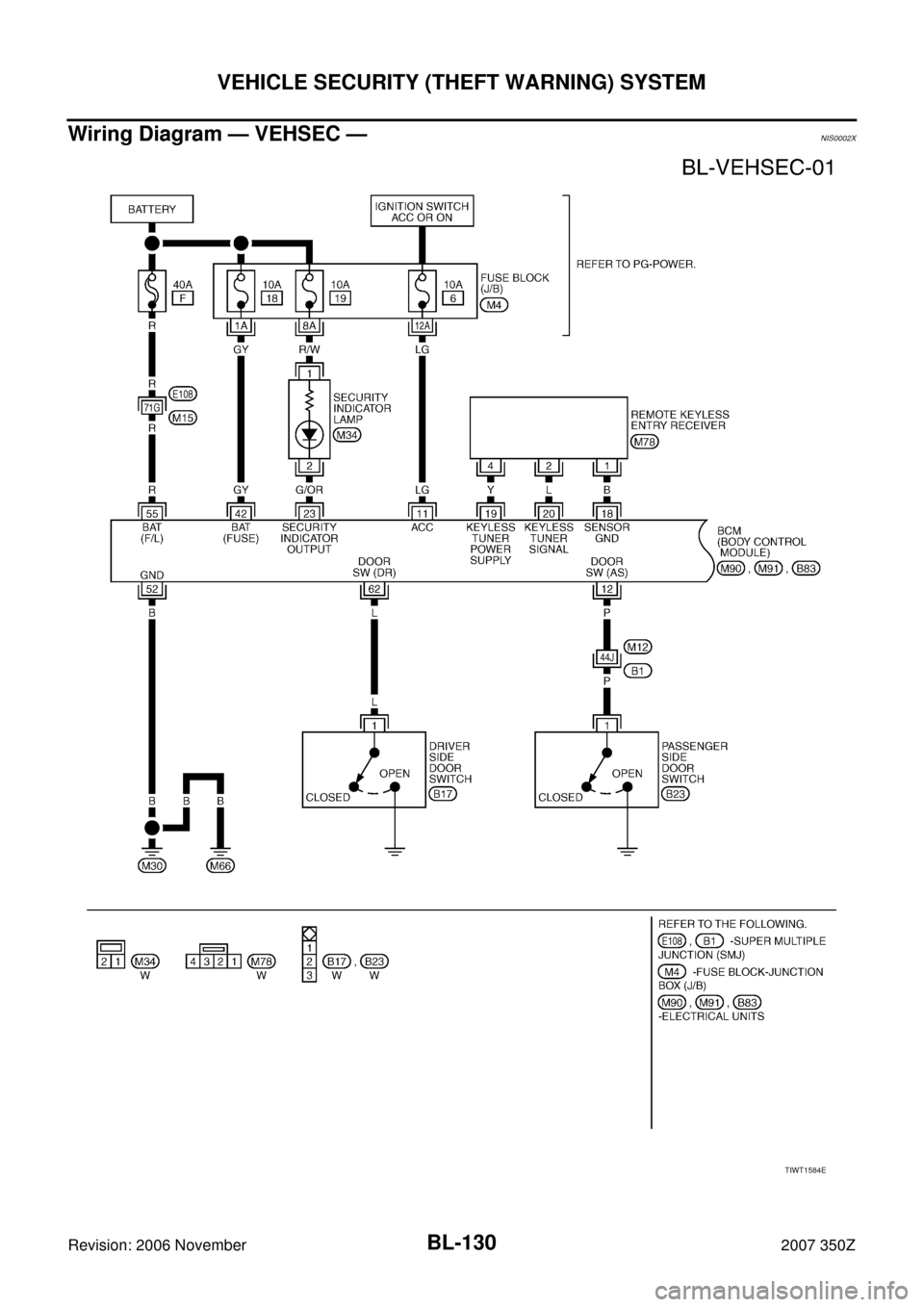 NISSAN 350Z 2007 Z33 Body, Lock And Security System Workshop Manual BL-130
VEHICLE SECURITY (THEFT WARNING) SYSTEM
Revision: 2006 November2007 350Z
Wiring Diagram — VEHSEC —NIS0002X
TIWT1584E 