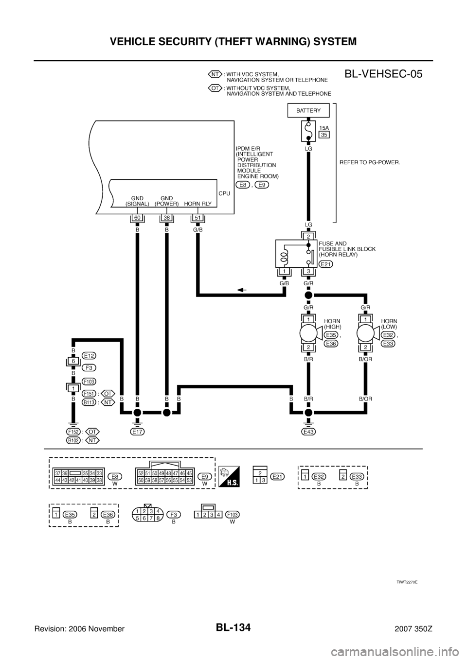 NISSAN 350Z 2007 Z33 Body, Lock And Security System Workshop Manual BL-134
VEHICLE SECURITY (THEFT WARNING) SYSTEM
Revision: 2006 November2007 350Z
TIWT2270E 
