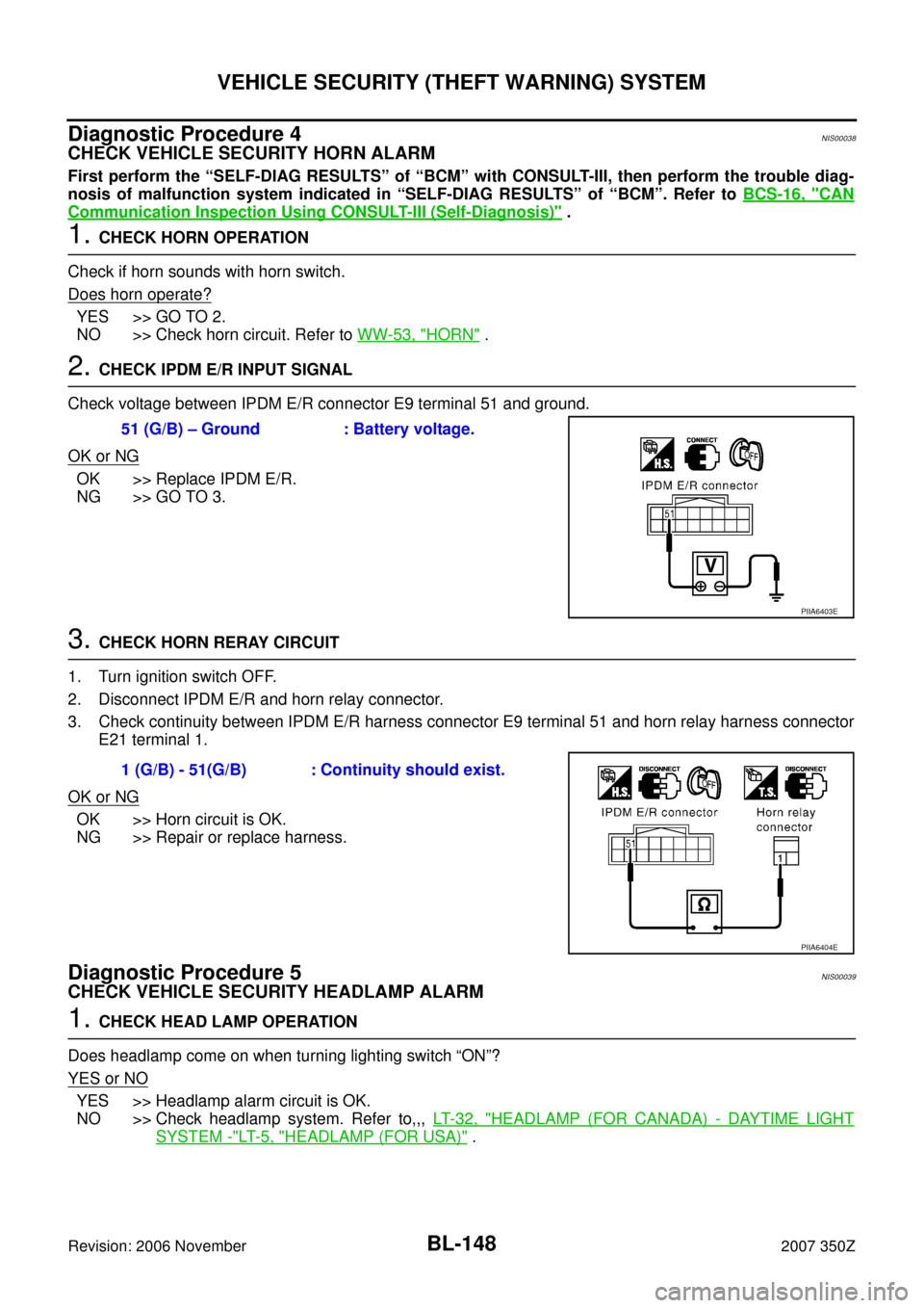NISSAN 350Z 2007 Z33 Body, Lock And Security System Workshop Manual BL-148
VEHICLE SECURITY (THEFT WARNING) SYSTEM
Revision: 2006 November2007 350Z
Diagnostic Procedure 4NIS00038
CHECK VEHICLE SECURITY HORN ALARM 
First perform the “SELF-DIAG RESULTS” of “BCM”