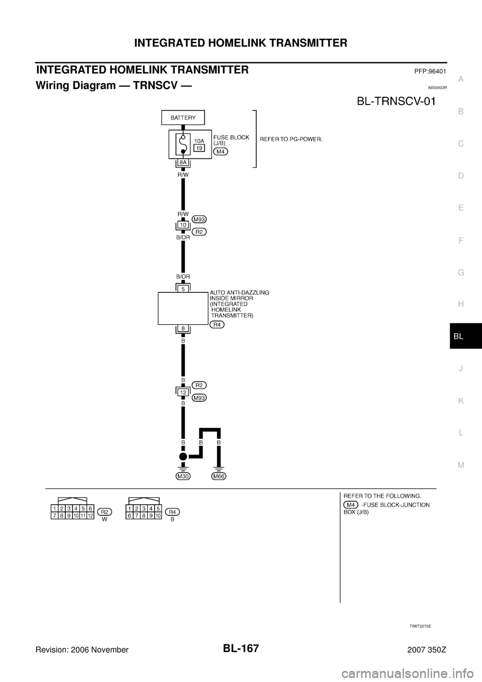 NISSAN 350Z 2007 Z33 Body, Lock And Security System Workshop Manual INTEGRATED HOMELINK TRANSMITTER
BL-167
C
D
E
F
G
H
J
K
L
MA
B
BL
Revision: 2006 November2007 350Z
INTEGRATED HOMELINK TRANSMITTERPFP:96401
Wiring Diagram — TRNSCV —NIS0003R
TIWT2272E 