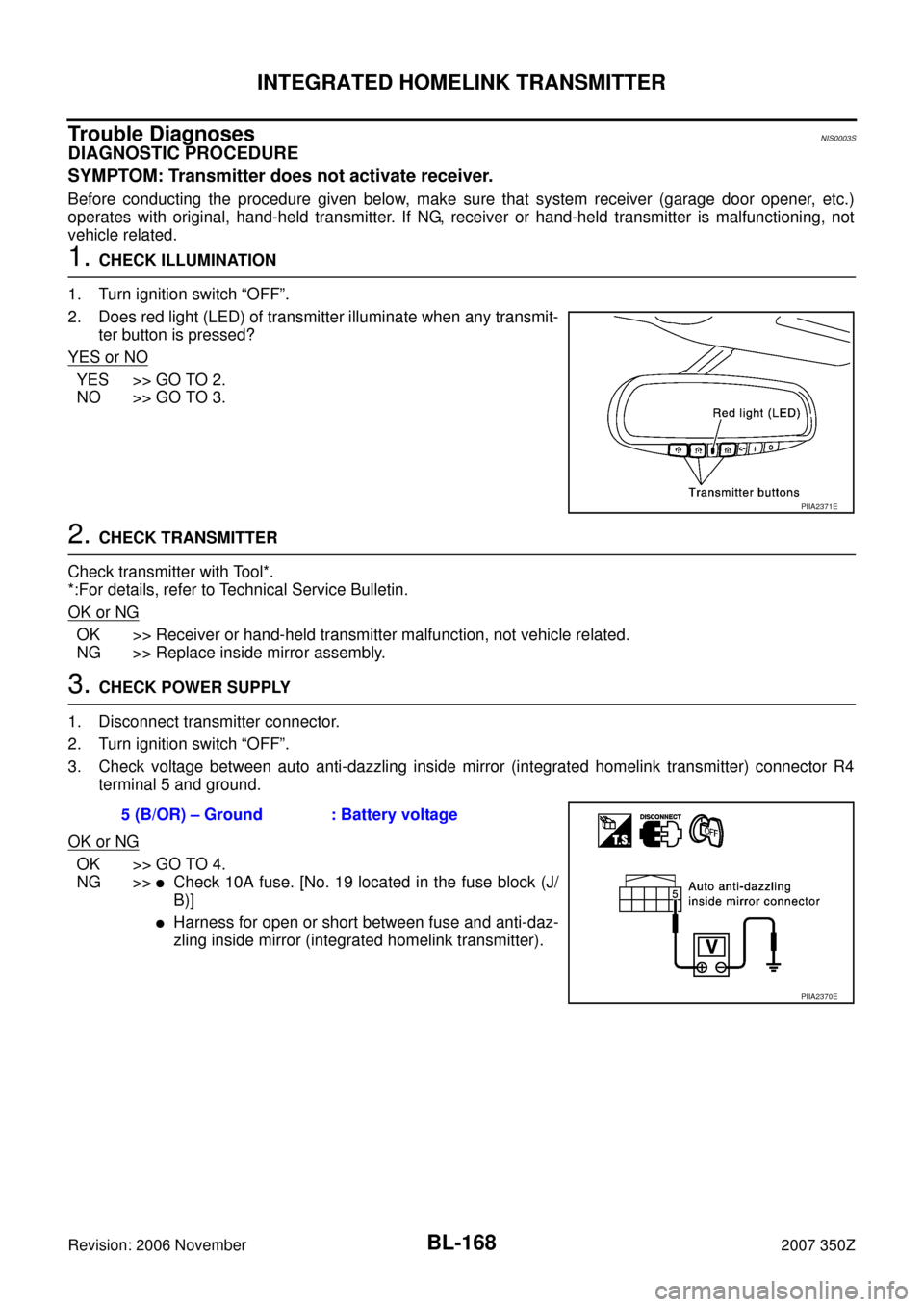 NISSAN 350Z 2007 Z33 Body, Lock And Security System Workshop Manual BL-168
INTEGRATED HOMELINK TRANSMITTER
Revision: 2006 November2007 350Z
Trouble DiagnosesNIS0003S
DIAGNOSTIC PROCEDURE
SYMPTOM: Transmitter does not activate receiver.
Before conducting the procedure 