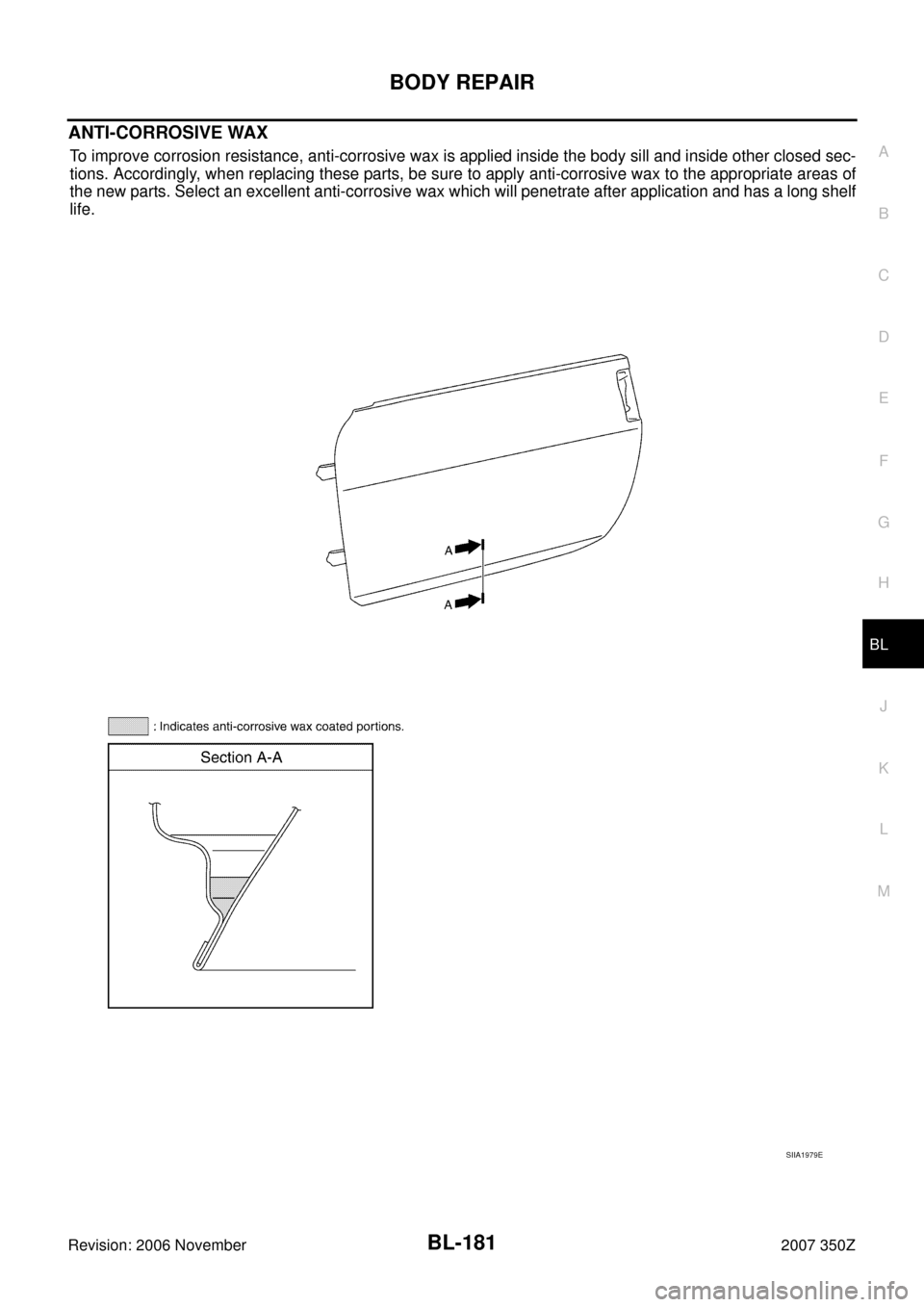 NISSAN 350Z 2007 Z33 Body, Lock And Security System Workshop Manual BODY REPAIR
BL-181
C
D
E
F
G
H
J
K
L
MA
B
BL
Revision: 2006 November2007 350Z
ANTI-CORROSIVE WAX
To improve corrosion resistance, anti-corrosive wax is applied inside the body sill and inside other cl