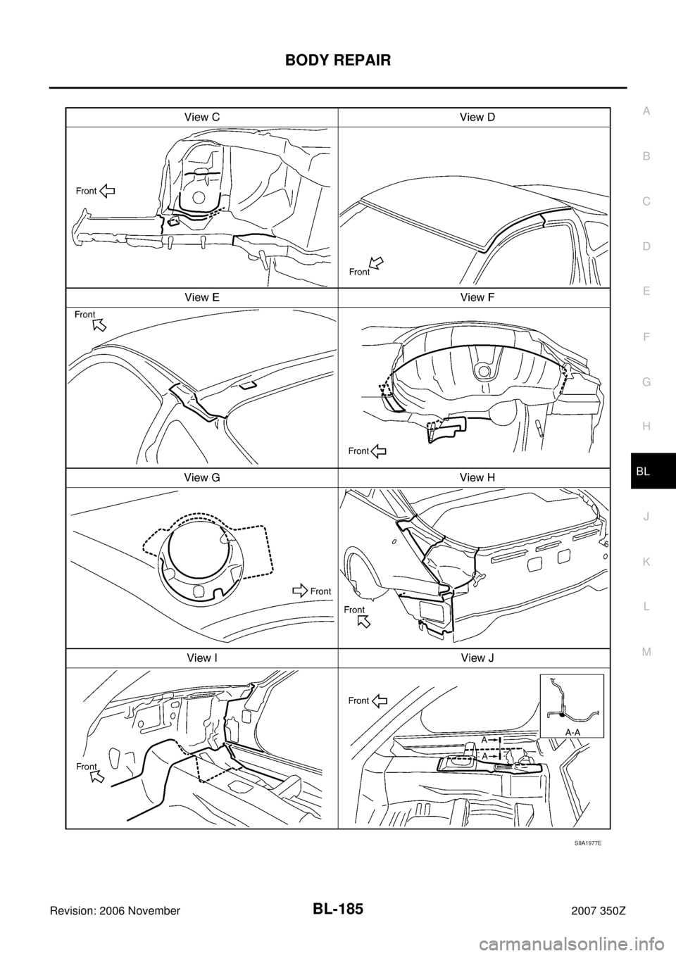NISSAN 350Z 2007 Z33 Body, Lock And Security System Workshop Manual BODY REPAIR
BL-185
C
D
E
F
G
H
J
K
L
MA
B
BL
Revision: 2006 November2007 350Z
SIIA1977E 