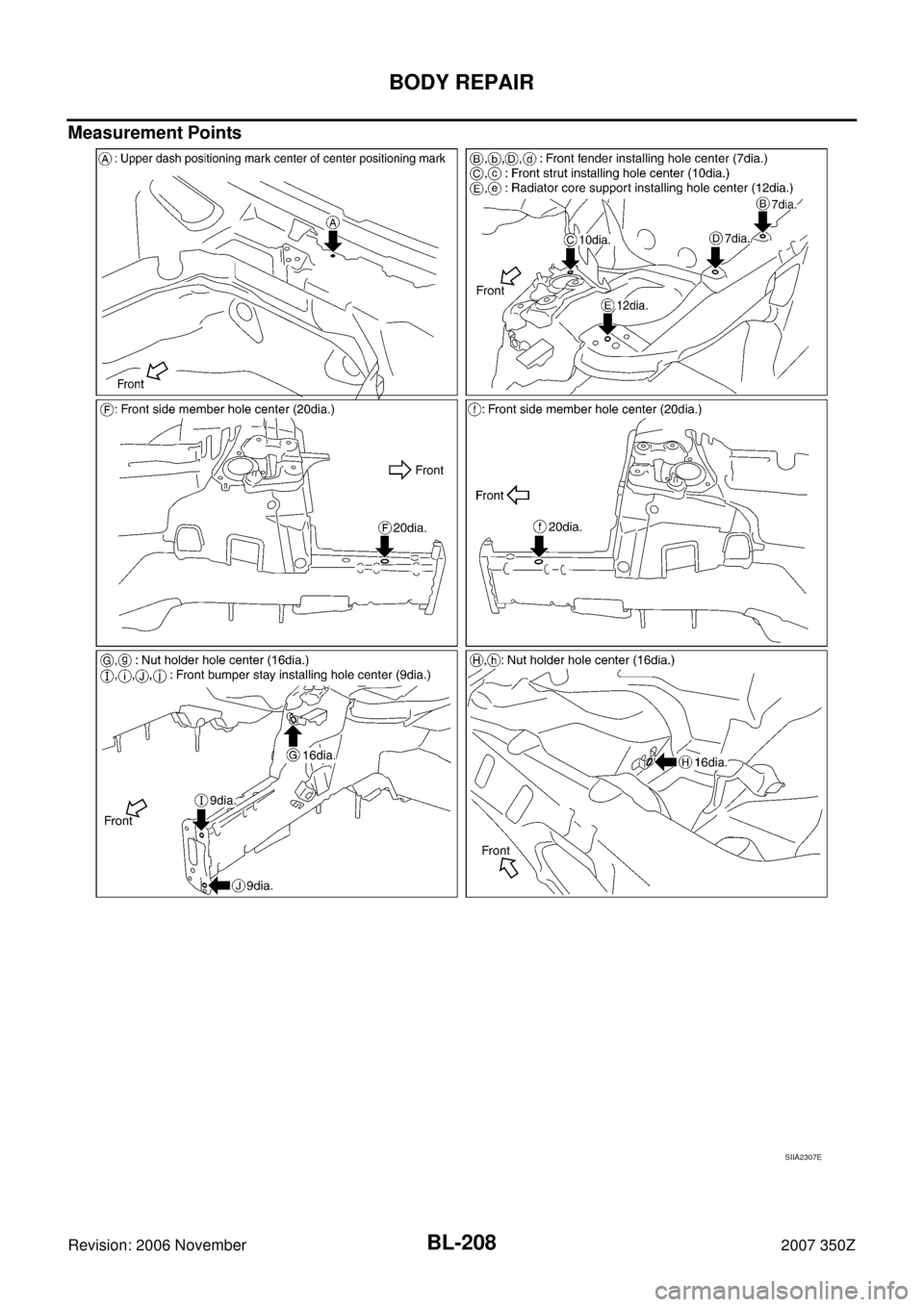 NISSAN 350Z 2007 Z33 Body, Lock And Security System Workshop Manual BL-208
BODY REPAIR
Revision: 2006 November2007 350Z
Measurement Points
SIIA2307E 