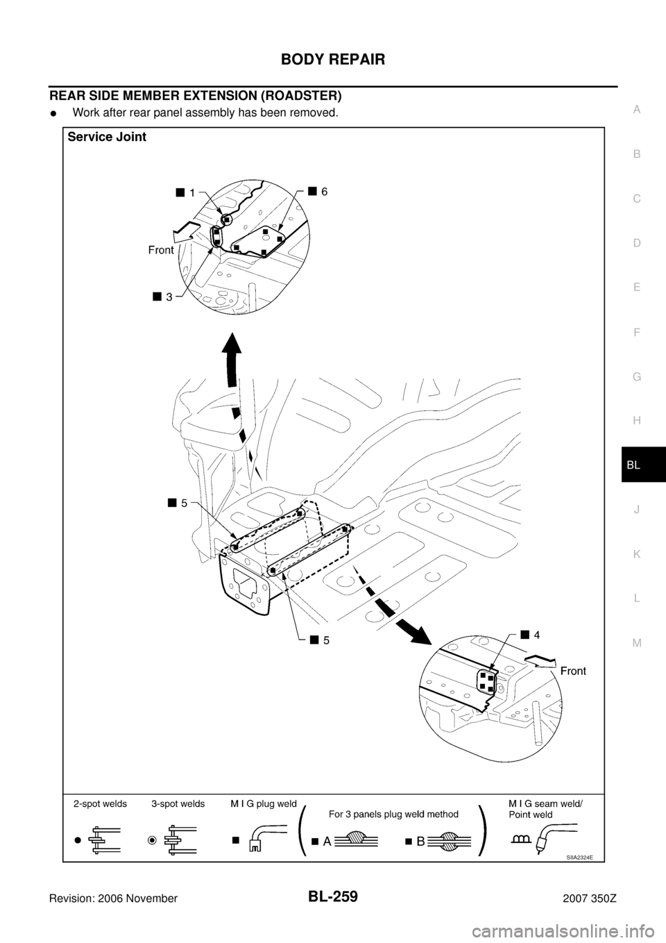 NISSAN 350Z 2007 Z33 Body, Lock And Security System Workshop Manual BODY REPAIR
BL-259
C
D
E
F
G
H
J
K
L
MA
B
BL
Revision: 2006 November2007 350Z
REAR SIDE MEMBER EXTENSION (ROADSTER)
Work after rear panel assembly has been removed.
SIIA2324E 