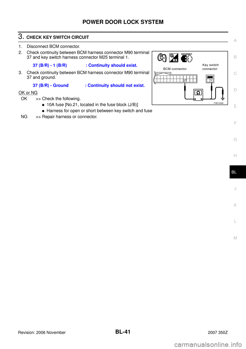 NISSAN 350Z 2007 Z33 Body, Lock And Security System Workshop Manual POWER DOOR LOCK SYSTEM
BL-41
C
D
E
F
G
H
J
K
L
MA
B
BL
Revision: 2006 November2007 350Z
3. CHECK KEY SWITCH CIRCUIT
1. Disconnect BCM connector.
2. Check continuity between BCM harness connector M90 t