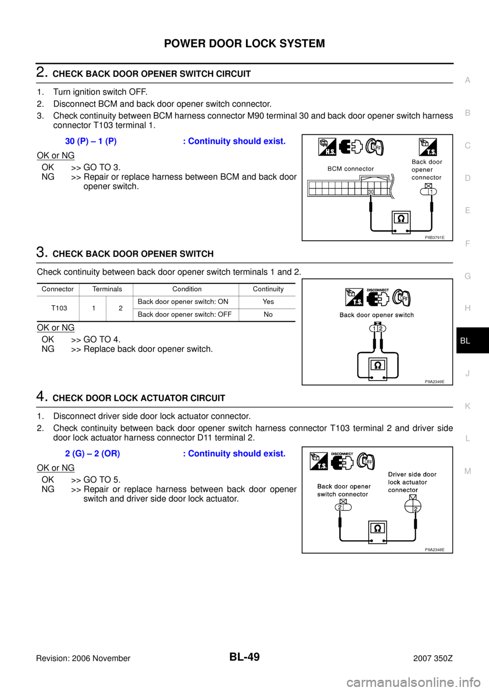 NISSAN 350Z 2007 Z33 Body, Lock And Security System Workshop Manual POWER DOOR LOCK SYSTEM
BL-49
C
D
E
F
G
H
J
K
L
MA
B
BL
Revision: 2006 November2007 350Z
2. CHECK BACK DOOR OPENER SWITCH CIRCUIT
1. Turn ignition switch OFF.
2. Disconnect BCM and back door opener swi NISSAN 350Z 2007 Z33 Body, Lock And Security System Workshop Manual POWER DOOR LOCK SYSTEM
BL-49
C
D
E
F
G
H
J
K
L
MA
B
BL
Revision: 2006 November2007 350Z
2. CHECK BACK DOOR OPENER SWITCH CIRCUIT
1. Turn ignition switch OFF.
2. Disconnect BCM and back door opener swi