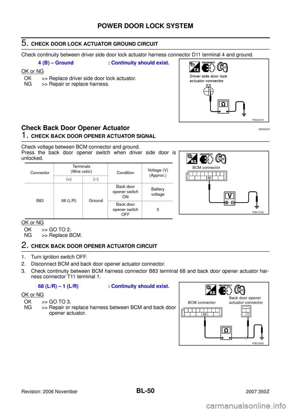 NISSAN 350Z 2007 Z33 Body, Lock And Security System Workshop Manual BL-50
POWER DOOR LOCK SYSTEM
Revision: 2006 November2007 350Z
5. CHECK DOOR LOCK ACTUATOR GROUND CIRCUIT
Check continuity between driver side door lock actuator harness connector D11 terminal 4 and gr NISSAN 350Z 2007 Z33 Body, Lock And Security System Workshop Manual BL-50
POWER DOOR LOCK SYSTEM
Revision: 2006 November2007 350Z
5. CHECK DOOR LOCK ACTUATOR GROUND CIRCUIT
Check continuity between driver side door lock actuator harness connector D11 terminal 4 and gr