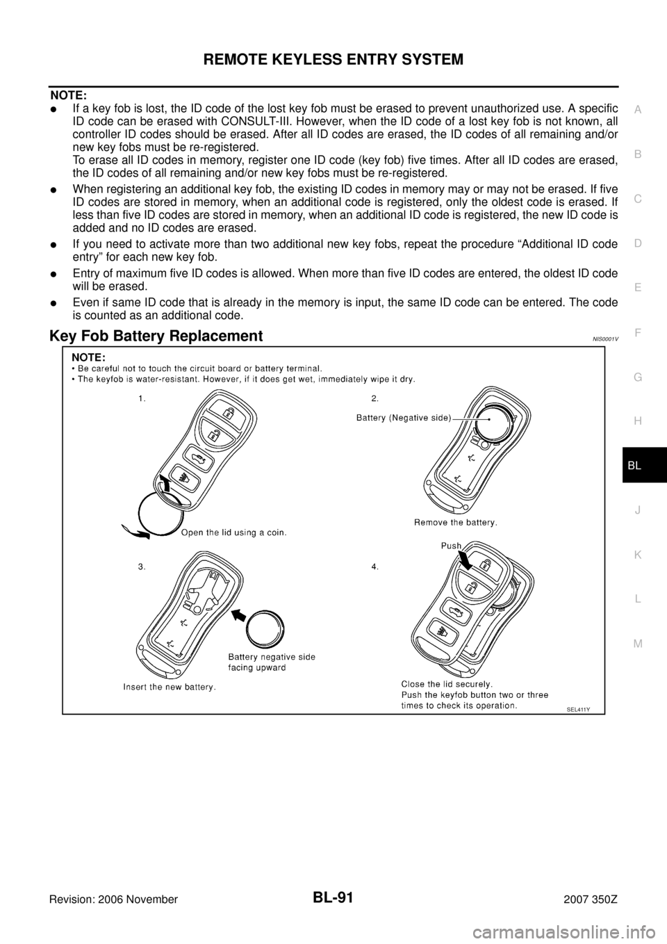 NISSAN 350Z 2007 Z33 Body, Lock And Security System Workshop Manual REMOTE KEYLESS ENTRY SYSTEM
BL-91
C
D
E
F
G
H
J
K
L
MA
B
BL
Revision: 2006 November2007 350Z
NOTE:
If a key fob is lost, the ID code of the lost key fob must be erased to prevent unauthorized use. A NISSAN 350Z 2007 Z33 Body, Lock And Security System Workshop Manual REMOTE KEYLESS ENTRY SYSTEM
BL-91
C
D
E
F
G
H
J
K
L
MA
B
BL
Revision: 2006 November2007 350Z
NOTE:
If a key fob is lost, the ID code of the lost key fob must be erased to prevent unauthorized use. A