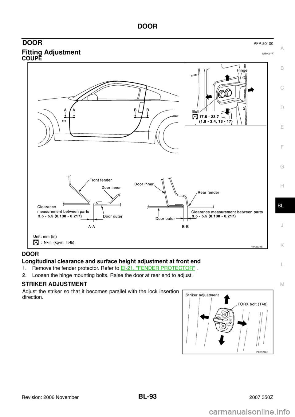 NISSAN 350Z 2007 Z33 Body, Lock And Security System Workshop Manual DOOR
BL-93
C
D
E
F
G
H
J
K
L
MA
B
BL
Revision: 2006 November2007 350Z
DOORPFP:80100
Fitting AdjustmentNIS0001X
COUPE
DOOR
Longitudinal clearance and surface height adjustment at front end
1. Remove th