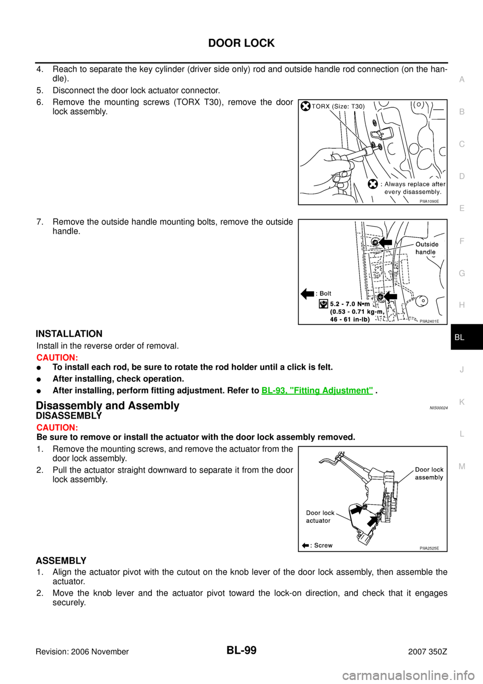 NISSAN 350Z 2007 Z33 Body, Lock And Security System Workshop Manual DOOR LOCK
BL-99
C
D
E
F
G
H
J
K
L
MA
B
BL
Revision: 2006 November2007 350Z
4. Reach to separate the key cylinder (driver side only) rod and outside handle rod connection (on the han-
dle).
5. Disconne