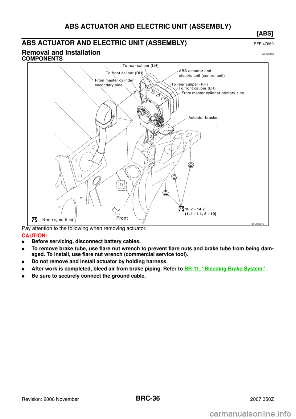 NISSAN 350Z 2007 Z33 Brake Control System Workshop Manual BRC-36
[ABS]
ABS ACTUATOR AND ELECTRIC UNIT (ASSEMBLY)
Revision: 2006 November2007 350Z
ABS ACTUATOR AND ELECTRIC UNIT (ASSEMBLY)PFP:47660
Removal and InstallationNFS0002L
COMPONENTS
Pay attention to 