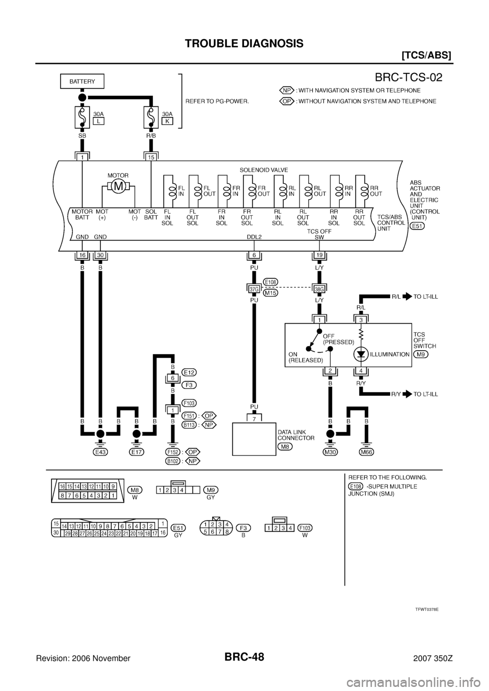 NISSAN 350Z 2007 Z33 Brake Control System Workshop Manual BRC-48
[TCS/ABS]
TROUBLE DIAGNOSIS
Revision: 2006 November2007 350Z
TFWT0378E 
