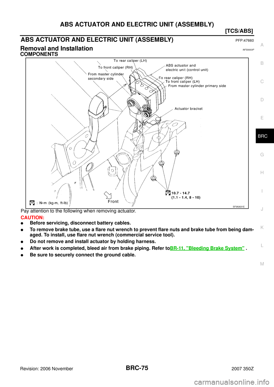 NISSAN 350Z 2007 Z33 Brake Control System Workshop Manual ABS ACTUATOR AND ELECTRIC UNIT (ASSEMBLY)
BRC-75
[TCS/ABS]
C
D
E
G
H
I
J
K
L
MA
B
BRC
Revision: 2006 November2007 350Z
ABS ACTUATOR AND ELECTRIC UNIT (ASSEMBLY)PFP:47660
Removal and InstallationNFS000