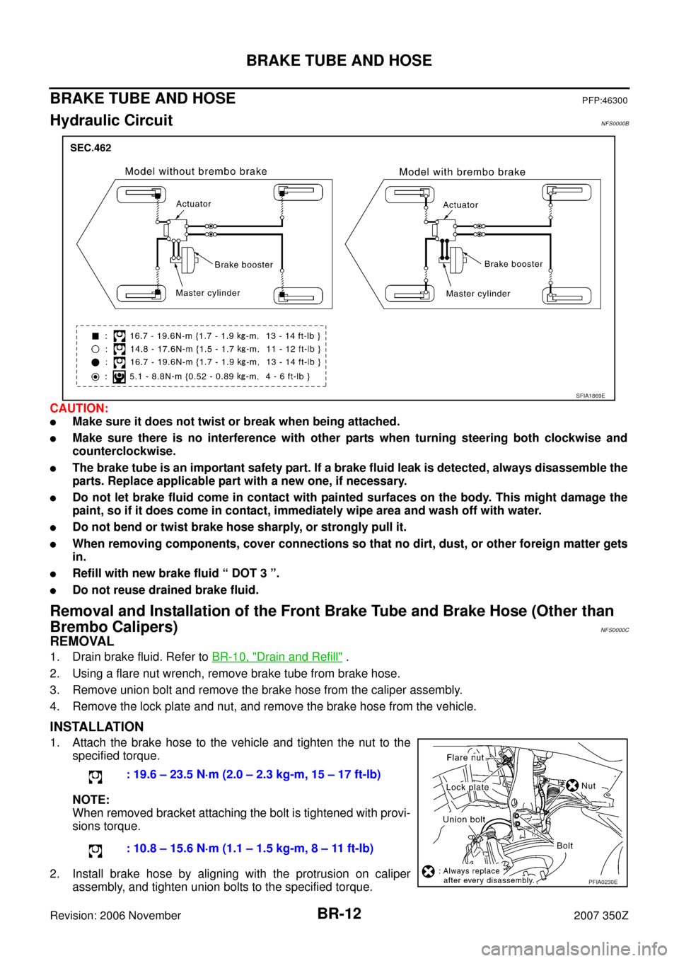 NISSAN 350Z 2007 Z33 Brake System Workshop Manual BR-12
BRAKE TUBE AND HOSE
Revision: 2006 November2007 350Z
BRAKE TUBE AND HOSEPFP:46300
Hydraulic CircuitNFS0000B
CAUTION:
Make sure it does not twist or break when being attached.
Make sure there i NISSAN 350Z 2007 Z33 Brake System Workshop Manual BR-12
BRAKE TUBE AND HOSE
Revision: 2006 November2007 350Z
BRAKE TUBE AND HOSEPFP:46300
Hydraulic CircuitNFS0000B
CAUTION:
Make sure it does not twist or break when being attached.
Make sure there i