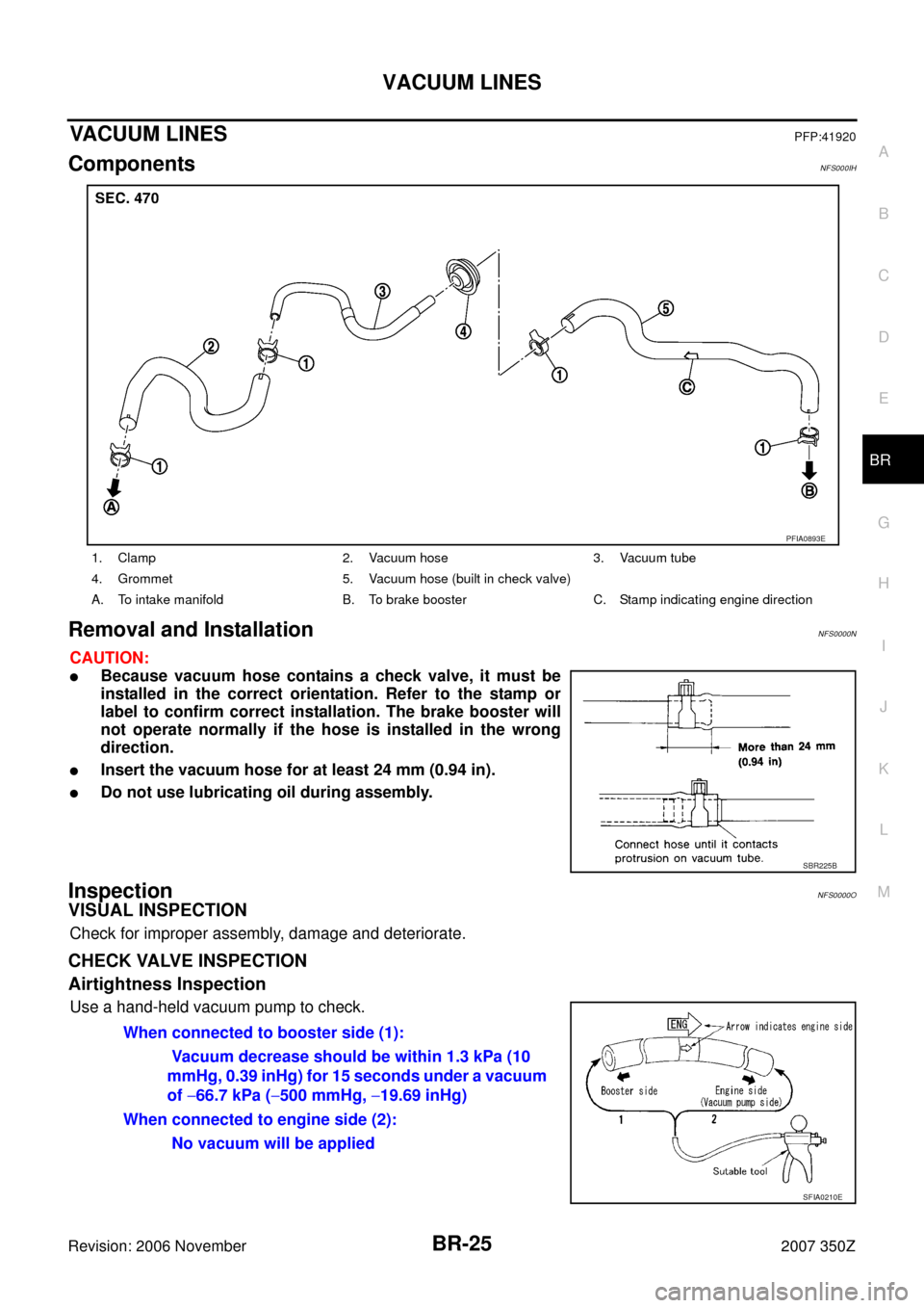 NISSAN 350Z 2007 Z33 Brake System Workshop Manual VACUUM LINES
BR-25
C
D
E
G
H
I
J
K
L
MA
B
BR
Revision: 2006 November2007 350Z
VACUUM LINESPFP:41920
ComponentsNFS000IH
Removal and InstallationNFS0000N
CAUTION:
Because vacuum hose contains a check v
