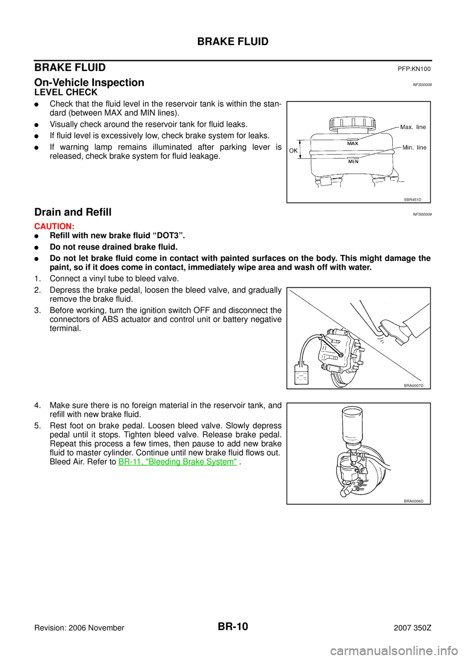 NISSAN 350Z 2007 Z33 Brake System Workshop Manual BR-10
BRAKE FLUID
Revision: 2006 November2007 350Z
BRAKE FLUIDPFP:KN100
On-Vehicle InspectionNFS00008
LEVEL CHECK
Check that the fluid level in the reservoir tank is within the stan-
dard (between MA