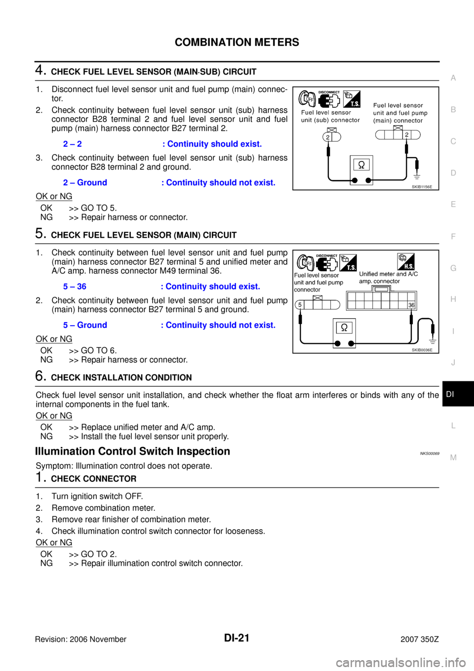 NISSAN 350Z 2007 Z33 Driver Information Manual COMBINATION METERS
DI-21
C
D
E
F
G
H
I
J
L
MA
B
DI
Revision: 2006 November2007 350Z
4. CHECK FUEL LEVEL SENSOR (MAIN·SUB) CIRCUIT
1. Disconnect fuel level sensor unit and fuel pump (main) connec-
tor