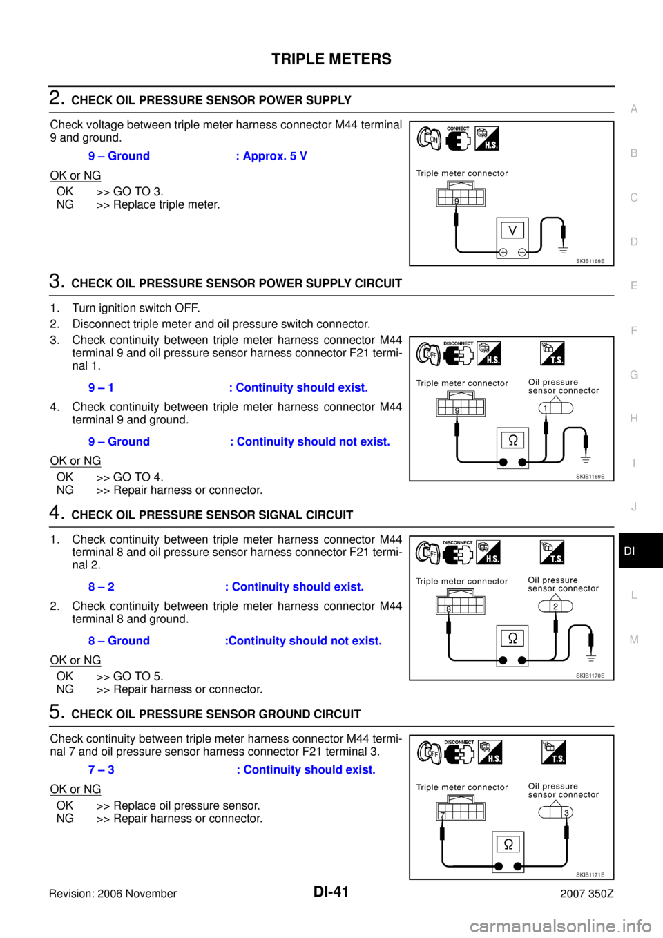 NISSAN 350Z 2007 Z33 Driver Information Manual TRIPLE METERS
DI-41
C
D
E
F
G
H
I
J
L
MA
B
DI
Revision: 2006 November2007 350Z
2. CHECK OIL PRESSURE SENSOR POWER SUPPLY
Check voltage between triple meter harness connector M44 terminal
9 and ground. NISSAN 350Z 2007 Z33 Driver Information Manual TRIPLE METERS
DI-41
C
D
E
F
G
H
I
J
L
MA
B
DI
Revision: 2006 November2007 350Z
2. CHECK OIL PRESSURE SENSOR POWER SUPPLY
Check voltage between triple meter harness connector M44 terminal
9 and ground.