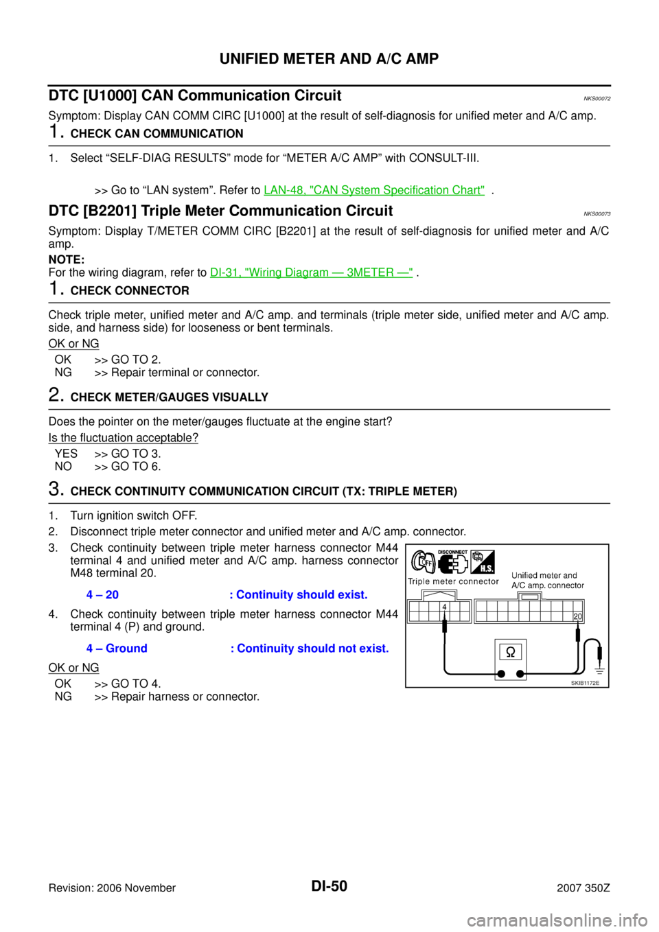 NISSAN 350Z 2007 Z33 Driver Information Manual DI-50
UNIFIED METER AND A/C AMP
Revision: 2006 November2007 350Z
DTC [U1000] CAN Communication CircuitNKS00072
Symptom: Display CAN COMM CIRC [U1000] at the result of self-diagnosis for unified meter 