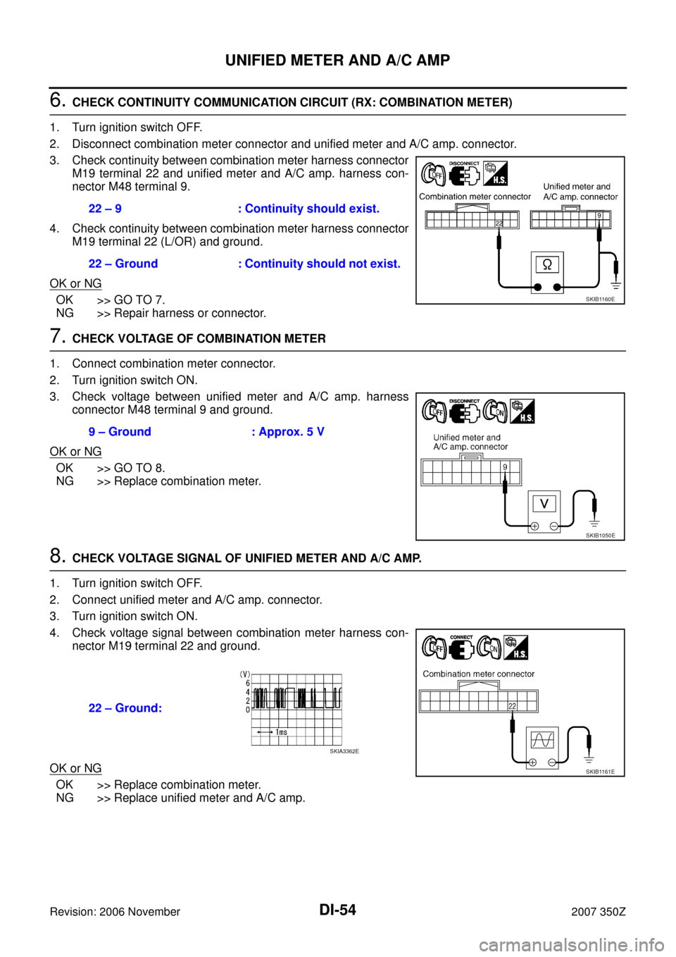NISSAN 350Z 2007 Z33 Driver Information Manual DI-54
UNIFIED METER AND A/C AMP
Revision: 2006 November2007 350Z
6. CHECK CONTINUITY COMMUNICATION CIRCUIT (RX: COMBINATION METER)
1. Turn ignition switch OFF.
2. Disconnect combination meter connecto NISSAN 350Z 2007 Z33 Driver Information Manual DI-54
UNIFIED METER AND A/C AMP
Revision: 2006 November2007 350Z
6. CHECK CONTINUITY COMMUNICATION CIRCUIT (RX: COMBINATION METER)
1. Turn ignition switch OFF.
2. Disconnect combination meter connecto