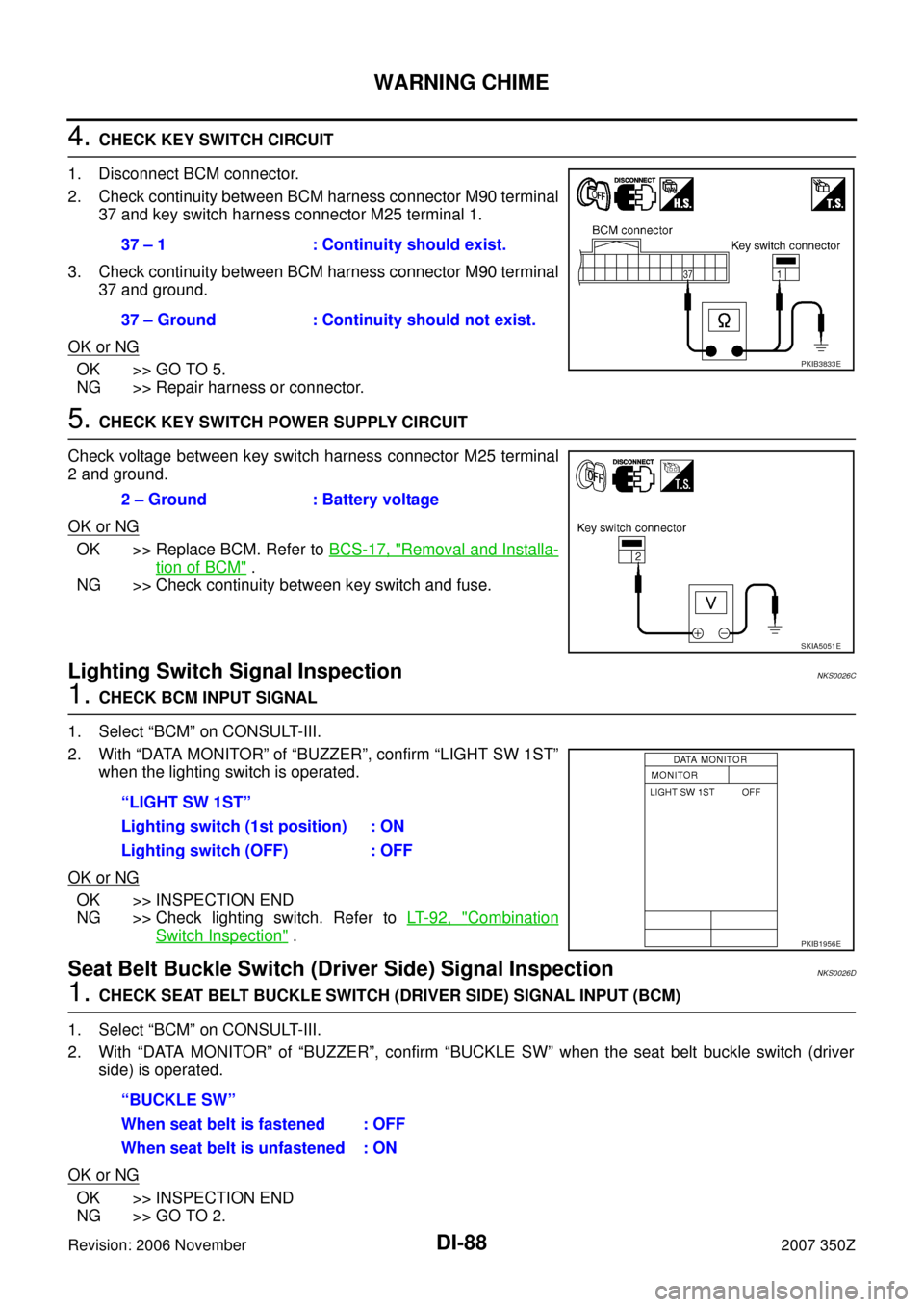 NISSAN 350Z 2007 Z33 Driver Information Manual DI-88
WARNING CHIME
Revision: 2006 November2007 350Z
4. CHECK KEY SWITCH CIRCUIT
1. Disconnect BCM connector.
2. Check continuity between BCM harness connector M90 terminal
37 and key switch harness NISSAN 350Z 2007 Z33 Driver Information Manual DI-88
WARNING CHIME
Revision: 2006 November2007 350Z
4. CHECK KEY SWITCH CIRCUIT
1. Disconnect BCM connector.
2. Check continuity between BCM harness connector M90 terminal
37 and key switch harness