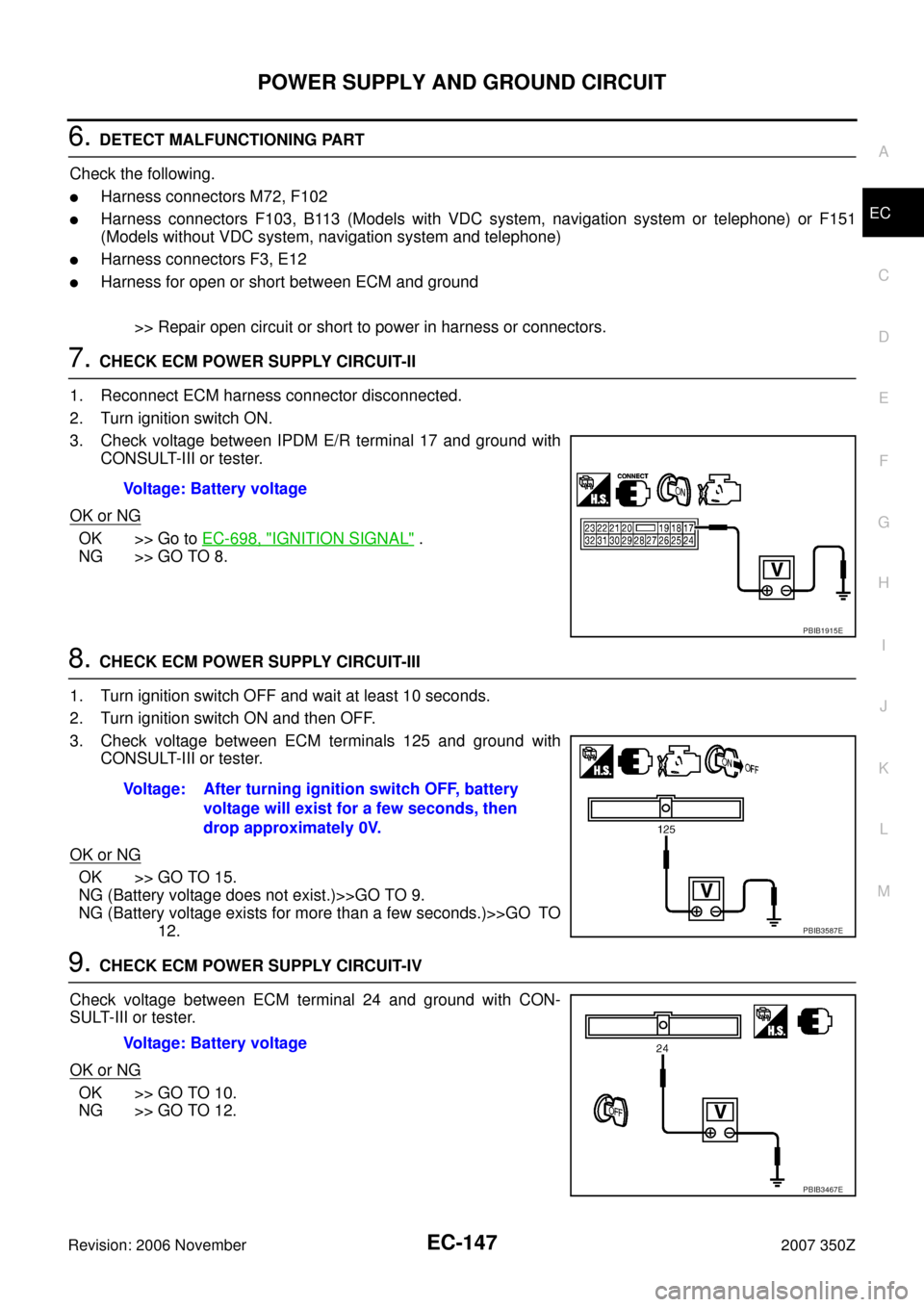 NISSAN 350Z 2007 Z33 Engine Control Workshop Manual POWER SUPPLY AND GROUND CIRCUIT
EC-147
C
D
E
F
G
H
I
J
K
L
MA
EC
Revision: 2006 November2007 350Z
6. DETECT MALFUNCTIONING PART
Check the following.
Harness connectors M72, F102
Harness connectors F NISSAN 350Z 2007 Z33 Engine Control Workshop Manual POWER SUPPLY AND GROUND CIRCUIT
EC-147
C
D
E
F
G
H
I
J
K
L
MA
EC
Revision: 2006 November2007 350Z
6. DETECT MALFUNCTIONING PART
Check the following.
Harness connectors M72, F102
Harness connectors F