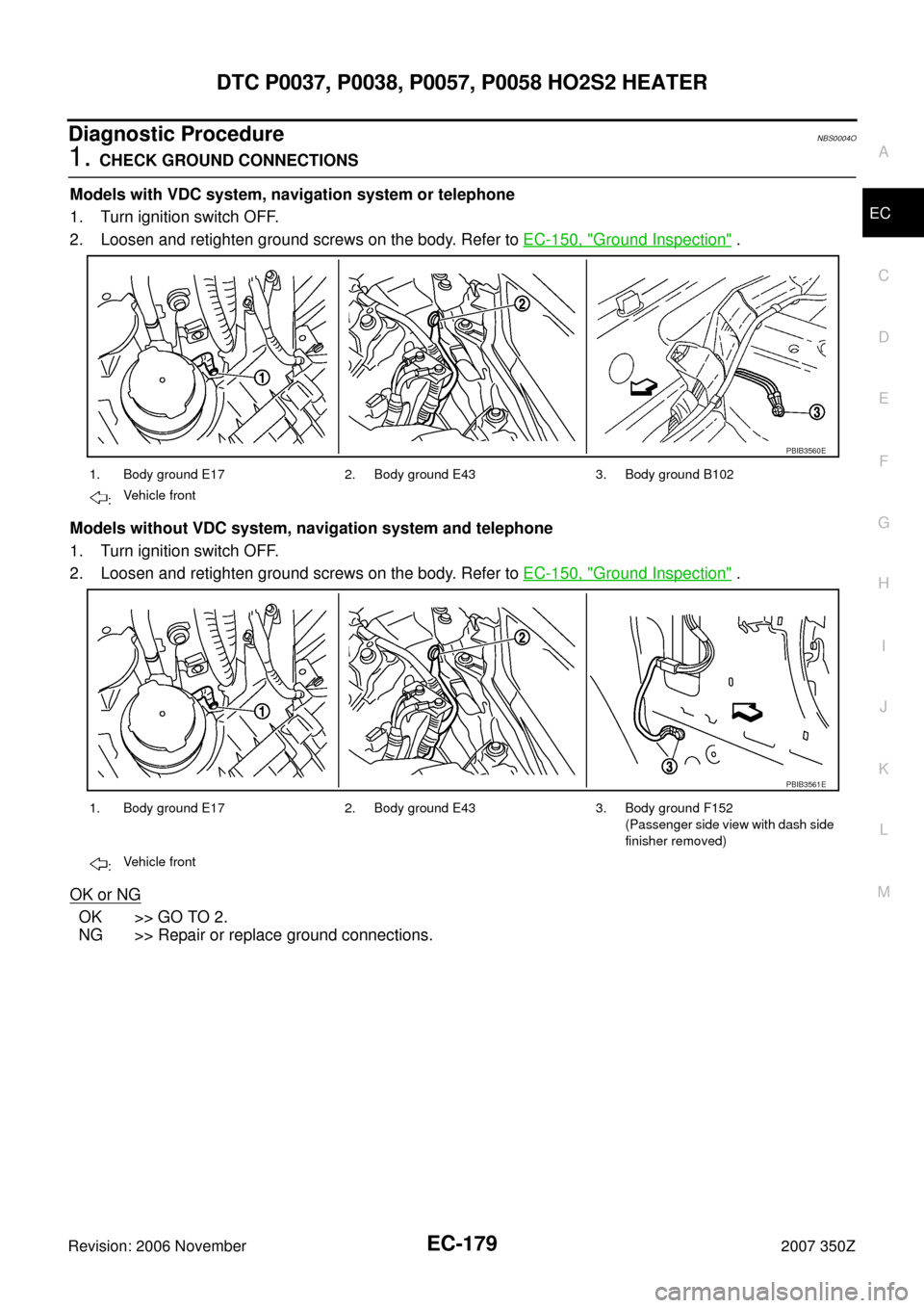 NISSAN 350Z 2007 Z33 Engine Control Workshop Manual DTC P0037, P0038, P0057, P0058 HO2S2 HEATER
EC-179
C
D
E
F
G
H
I
J
K
L
MA
EC
Revision: 2006 November2007 350Z
Diagnostic ProcedureNBS0004O
1. CHECK GROUND CONNECTIONS
Models with VDC system, navigatio