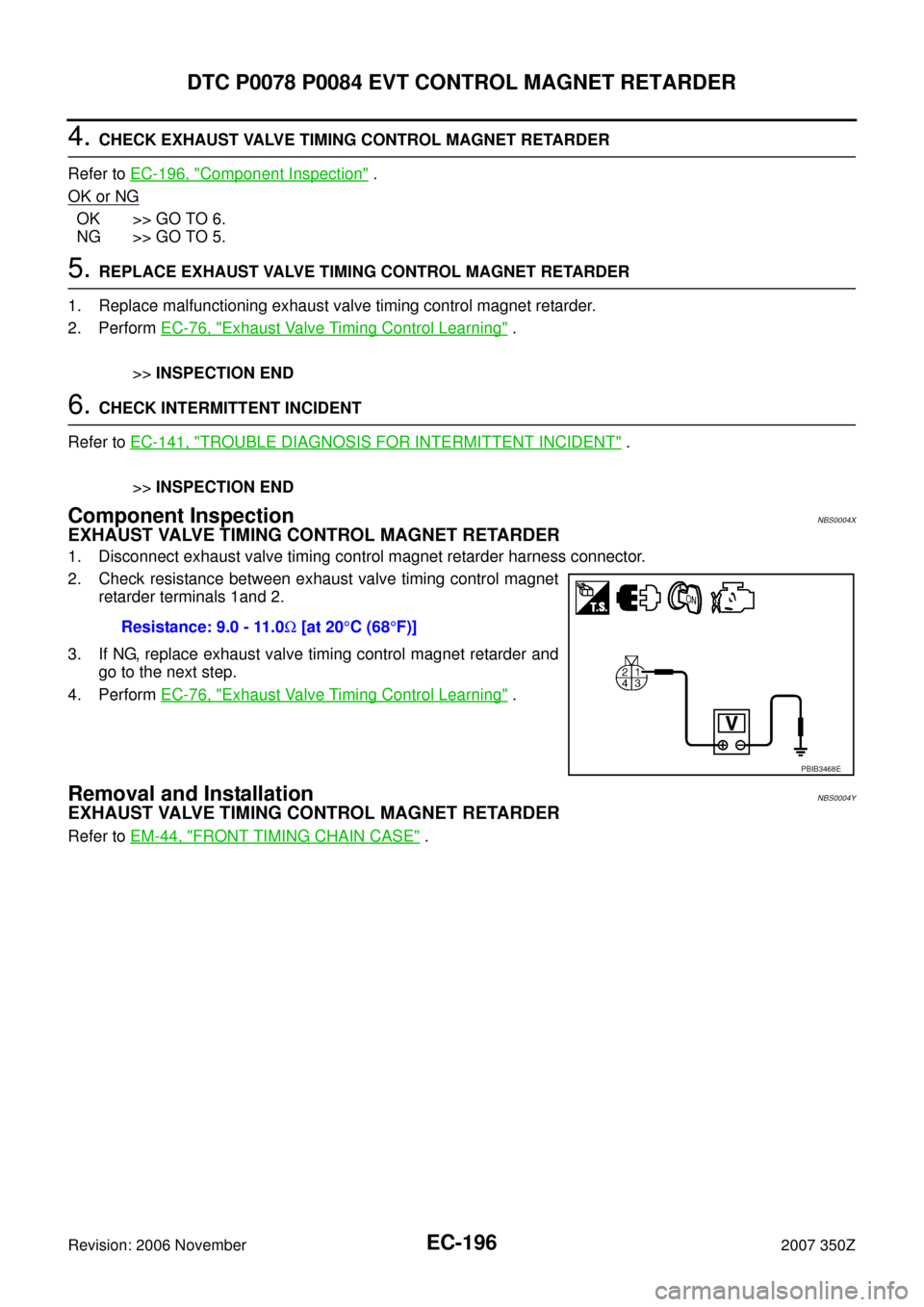NISSAN 350Z 2007 Z33 Engine Control Workshop Manual EC-196
DTC P0078 P0084 EVT CONTROL MAGNET RETARDER
Revision: 2006 November2007 350Z
4. CHECK EXHAUST VALVE TIMING CONTROL MAGNET RETARDER
Refer to EC-196, "
Component Inspection" .
OK or NG
OK >> GO T NISSAN 350Z 2007 Z33 Engine Control Workshop Manual EC-196
DTC P0078 P0084 EVT CONTROL MAGNET RETARDER
Revision: 2006 November2007 350Z
4. CHECK EXHAUST VALVE TIMING CONTROL MAGNET RETARDER
Refer to EC-196, "
Component Inspection" .
OK or NG
OK >> GO T