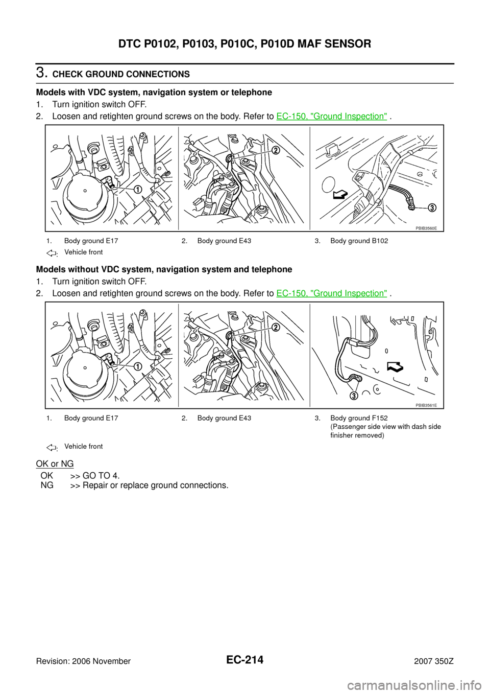NISSAN 350Z 2007 Z33 Engine Control Workshop Manual EC-214
DTC P0102, P0103, P010C, P010D MAF SENSOR
Revision: 2006 November2007 350Z
3. CHECK GROUND CONNECTIONS
Models with VDC system, navigation system or telephone
1. Turn ignition switch OFF.
2. Loo
