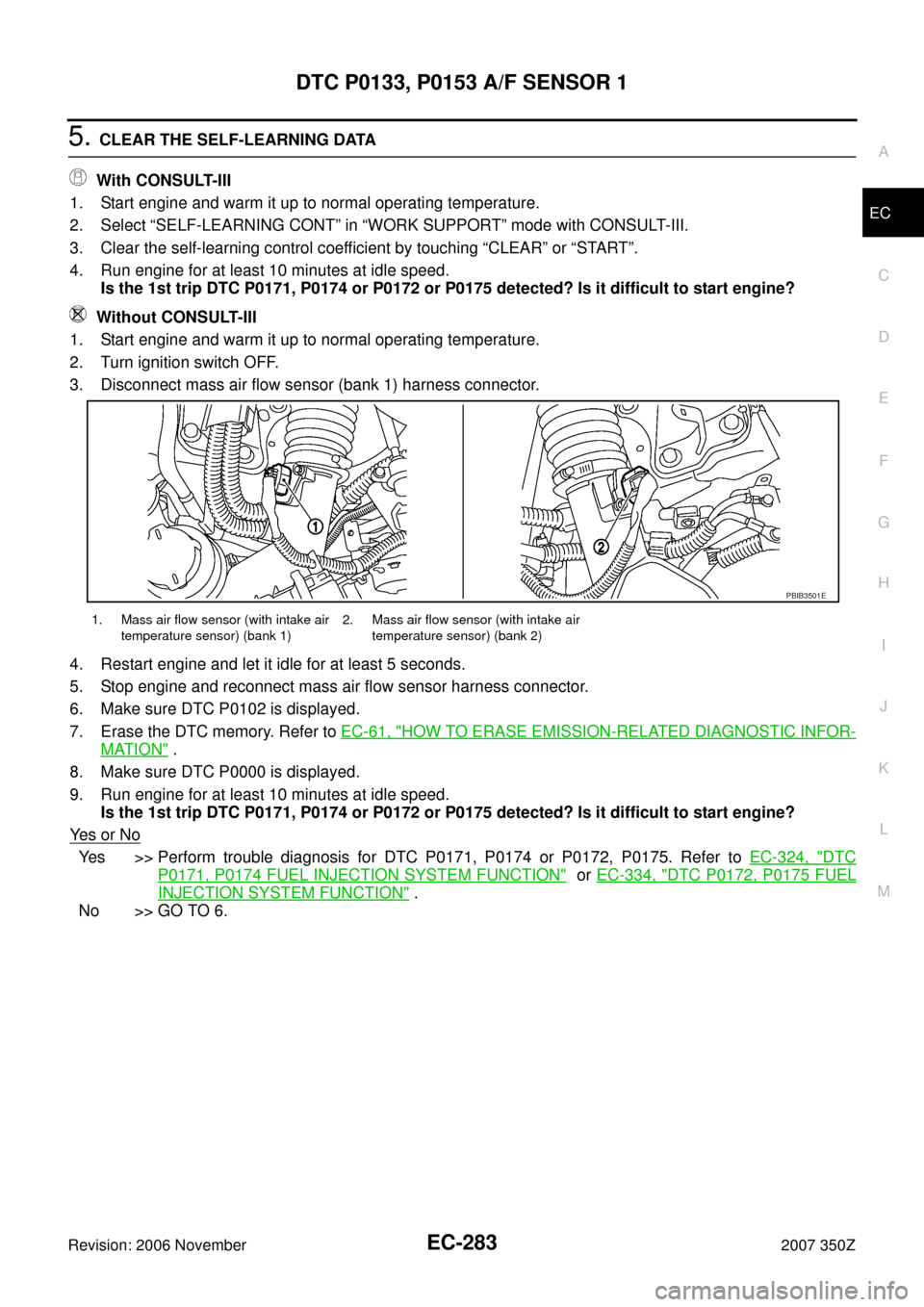 NISSAN 350Z 2007 Z33 Engine Control Workshop Manual DTC P0133, P0153 A/F SENSOR 1
EC-283
C
D
E
F
G
H
I
J
K
L
MA
EC
Revision: 2006 November2007 350Z
5. CLEAR THE SELF-LEARNING DATA
With CONSULT-III
1. Start engine and warm it up to normal operating tem NISSAN 350Z 2007 Z33 Engine Control Workshop Manual DTC P0133, P0153 A/F SENSOR 1
EC-283
C
D
E
F
G
H
I
J
K
L
MA
EC
Revision: 2006 November2007 350Z
5. CLEAR THE SELF-LEARNING DATA
With CONSULT-III
1. Start engine and warm it up to normal operating tem