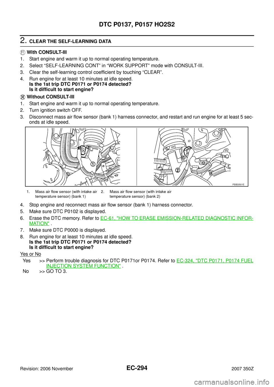 NISSAN 350Z 2007 Z33 Engine Control Workshop Manual EC-294
DTC P0137, P0157 HO2S2
Revision: 2006 November2007 350Z
2. CLEAR THE SELF-LEARNING DATA
 With CONSULT-III
1. Start engine and warm it up to normal operating temperature.
2. Select “SELF-LEARN