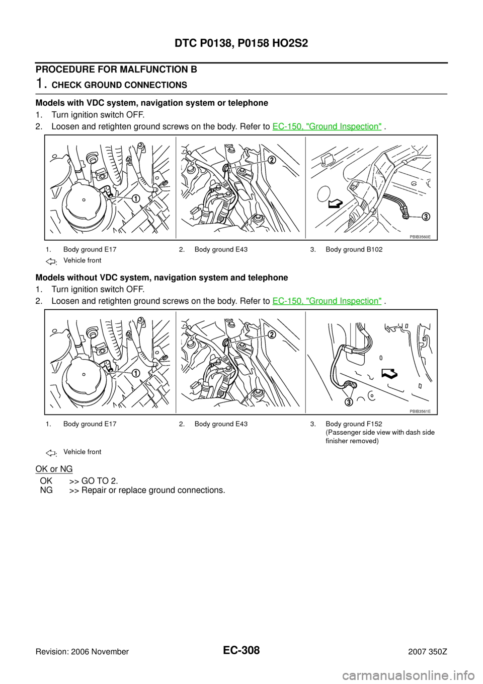 NISSAN 350Z 2007 Z33 Engine Control Workshop Manual EC-308
DTC P0138, P0158 HO2S2
Revision: 2006 November2007 350Z
PROCEDURE FOR MALFUNCTION B
1. CHECK GROUND CONNECTIONS
Models with VDC system, navigation system or telephone
1. Turn ignition switch OF