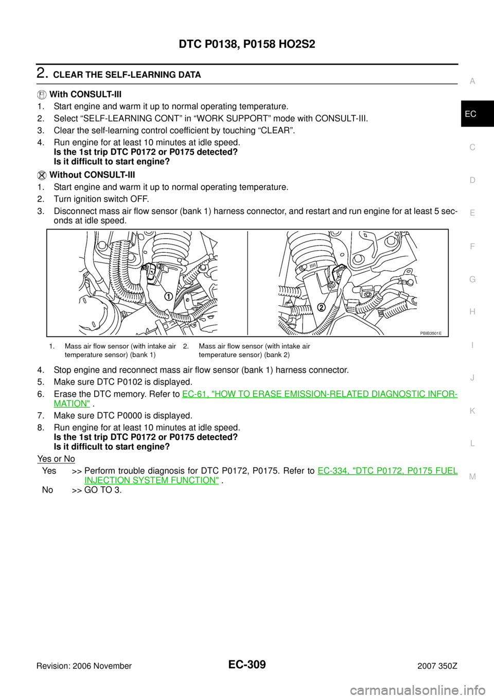 NISSAN 350Z 2007 Z33 Engine Control Workshop Manual DTC P0138, P0158 HO2S2
EC-309
C
D
E
F
G
H
I
J
K
L
MA
EC
Revision: 2006 November2007 350Z
2. CLEAR THE SELF-LEARNING DATA
 With CONSULT-III
1. Start engine and warm it up to normal operating temperatur