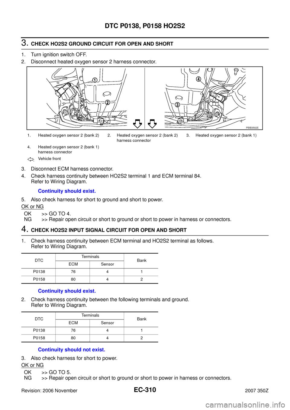 NISSAN 350Z 2007 Z33 Engine Control Workshop Manual EC-310
DTC P0138, P0158 HO2S2
Revision: 2006 November2007 350Z
3. CHECK HO2S2 GROUND CIRCUIT FOR OPEN AND SHORT
1. Turn ignition switch OFF.
2. Disconnect heated oxygen sensor 2 harness connector.
3. 