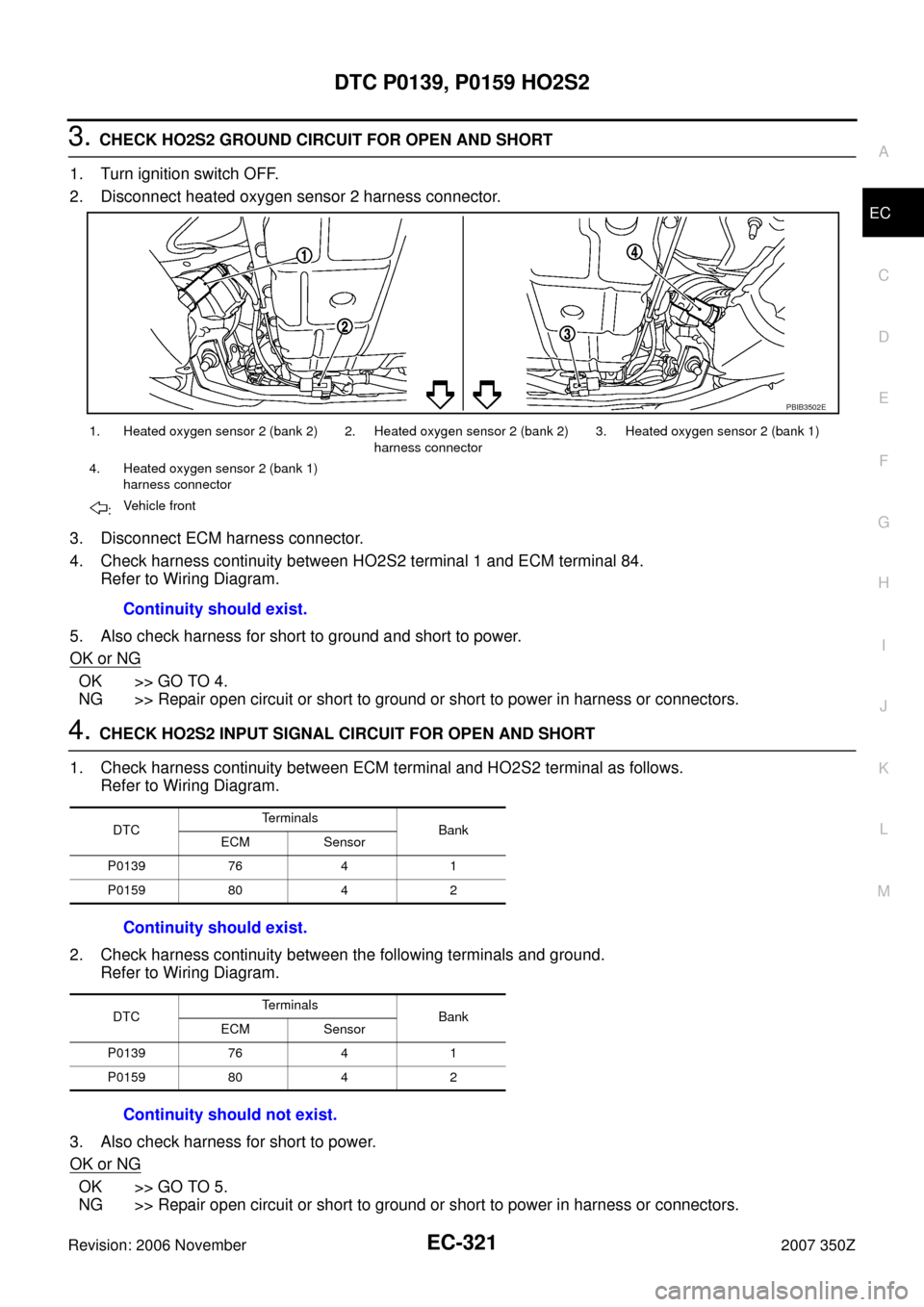 NISSAN 350Z 2007 Z33 Engine Control Workshop Manual DTC P0139, P0159 HO2S2
EC-321
C
D
E
F
G
H
I
J
K
L
MA
EC
Revision: 2006 November2007 350Z
3. CHECK HO2S2 GROUND CIRCUIT FOR OPEN AND SHORT
1. Turn ignition switch OFF.
2. Disconnect heated oxygen senso