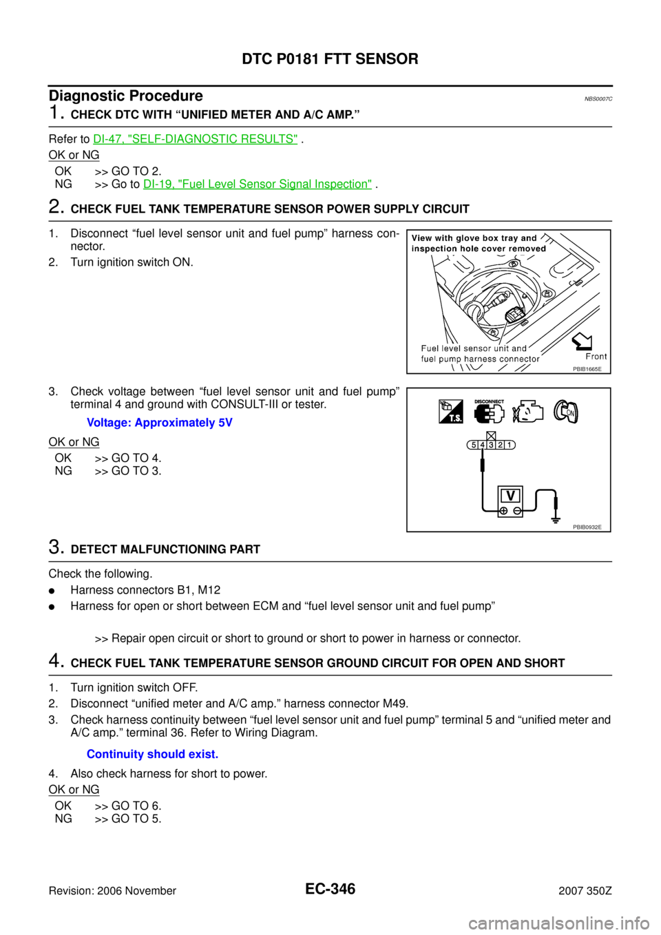 NISSAN 350Z 2007 Z33 Engine Control Workshop Manual EC-346
DTC P0181 FTT SENSOR
Revision: 2006 November2007 350Z
Diagnostic ProcedureNBS0007C
1. CHECK DTC WITH “UNIFIED METER AND A/C AMP.”
Refer to DI-47, "
SELF-DIAGNOSTIC RESULTS" .
OK or NG
OK >> NISSAN 350Z 2007 Z33 Engine Control Workshop Manual EC-346
DTC P0181 FTT SENSOR
Revision: 2006 November2007 350Z
Diagnostic ProcedureNBS0007C
1. CHECK DTC WITH “UNIFIED METER AND A/C AMP.”
Refer to DI-47, "
SELF-DIAGNOSTIC RESULTS" .
OK or NG
OK >>