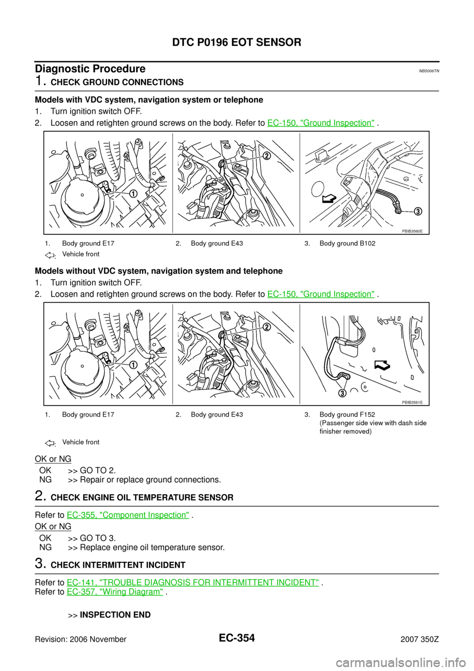 NISSAN 350Z 2007 Z33 Engine Control Workshop Manual EC-354
DTC P0196 EOT SENSOR
Revision: 2006 November2007 350Z
Diagnostic ProcedureNBS006TN
1. CHECK GROUND CONNECTIONS
Models with VDC system, navigation system or telephone
1. Turn ignition switch OFF NISSAN 350Z 2007 Z33 Engine Control Workshop Manual EC-354
DTC P0196 EOT SENSOR
Revision: 2006 November2007 350Z
Diagnostic ProcedureNBS006TN
1. CHECK GROUND CONNECTIONS
Models with VDC system, navigation system or telephone
1. Turn ignition switch OFF