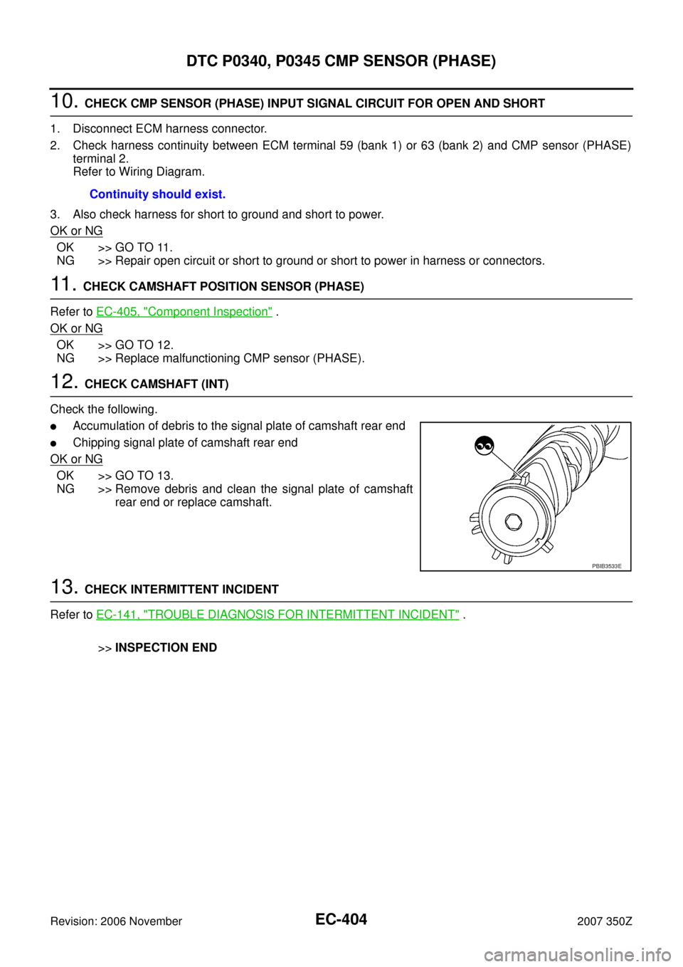 NISSAN 350Z 2007 Z33 Engine Control Workshop Manual EC-404
DTC P0340, P0345 CMP SENSOR (PHASE)
Revision: 2006 November2007 350Z
10. CHECK CMP SENSOR (PHASE) INPUT SIGNAL CIRCUIT FOR OPEN AND SHORT
1. Disconnect ECM harness connector.
2. Check harness c NISSAN 350Z 2007 Z33 Engine Control Workshop Manual EC-404
DTC P0340, P0345 CMP SENSOR (PHASE)
Revision: 2006 November2007 350Z
10. CHECK CMP SENSOR (PHASE) INPUT SIGNAL CIRCUIT FOR OPEN AND SHORT
1. Disconnect ECM harness connector.
2. Check harness c