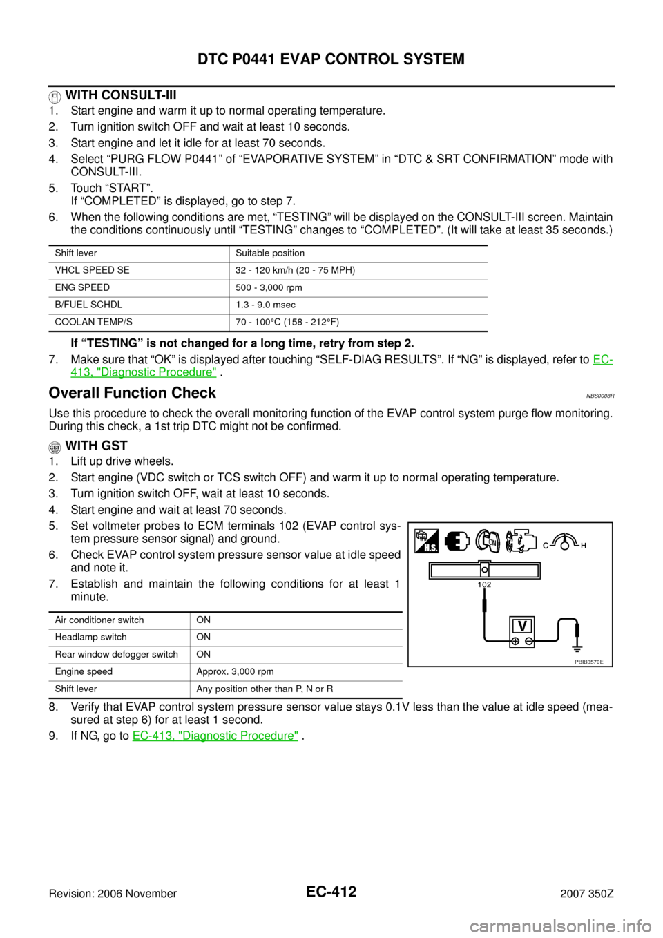 NISSAN 350Z 2007 Z33 Engine Control Workshop Manual EC-412
DTC P0441 EVAP CONTROL SYSTEM
Revision: 2006 November2007 350Z
 WITH CONSULT-III
1. Start engine and warm it up to normal operating temperature.
2. Turn ignition switch OFF and wait at least 10