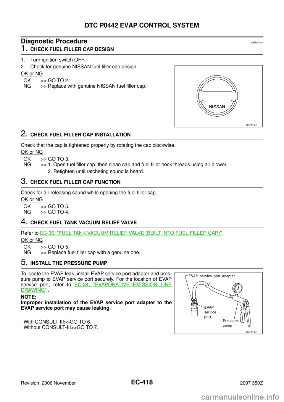NISSAN 350Z 2007 Z33 Engine Control Workshop Manual EC-418
DTC P0442 EVAP CONTROL SYSTEM
Revision: 2006 November2007 350Z
Diagnostic ProcedureNBS0008V
1. CHECK FUEL FILLER CAP DESIGN
1. Turn ignition switch OFF.
2. Check for genuine NISSAN fuel filler 