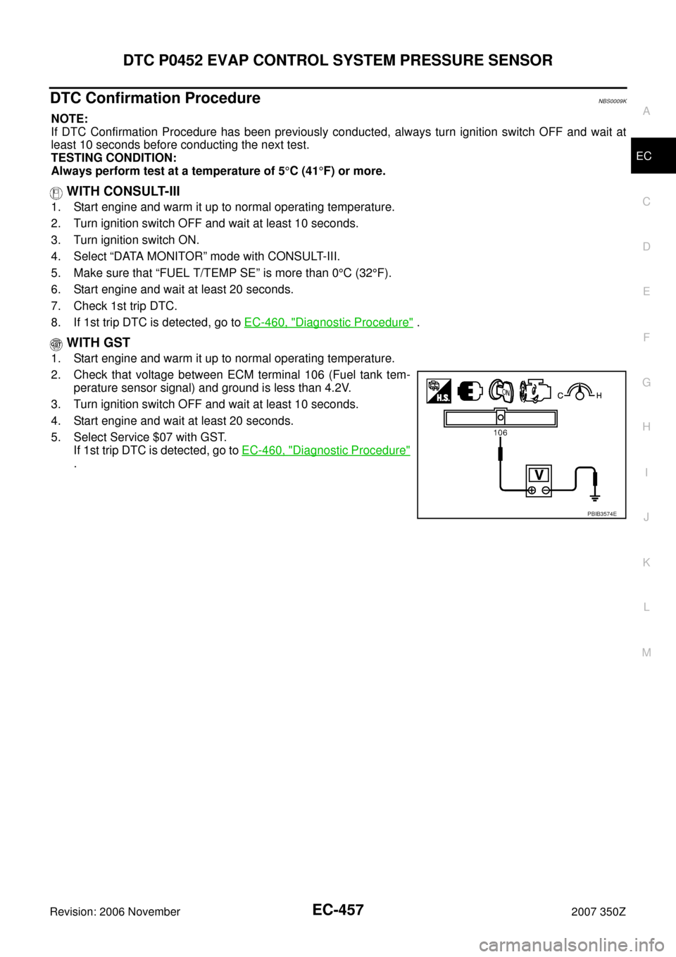 NISSAN 350Z 2007 Z33 Engine Control Workshop Manual DTC P0452 EVAP CONTROL SYSTEM PRESSURE SENSOR
EC-457
C
D
E
F
G
H
I
J
K
L
MA
EC
Revision: 2006 November2007 350Z
DTC Confirmation ProcedureNBS0009K
NOTE:
If DTC Confirmation Procedure has been previous NISSAN 350Z 2007 Z33 Engine Control Workshop Manual DTC P0452 EVAP CONTROL SYSTEM PRESSURE SENSOR
EC-457
C
D
E
F
G
H
I
J
K
L
MA
EC
Revision: 2006 November2007 350Z
DTC Confirmation ProcedureNBS0009K
NOTE:
If DTC Confirmation Procedure has been previous