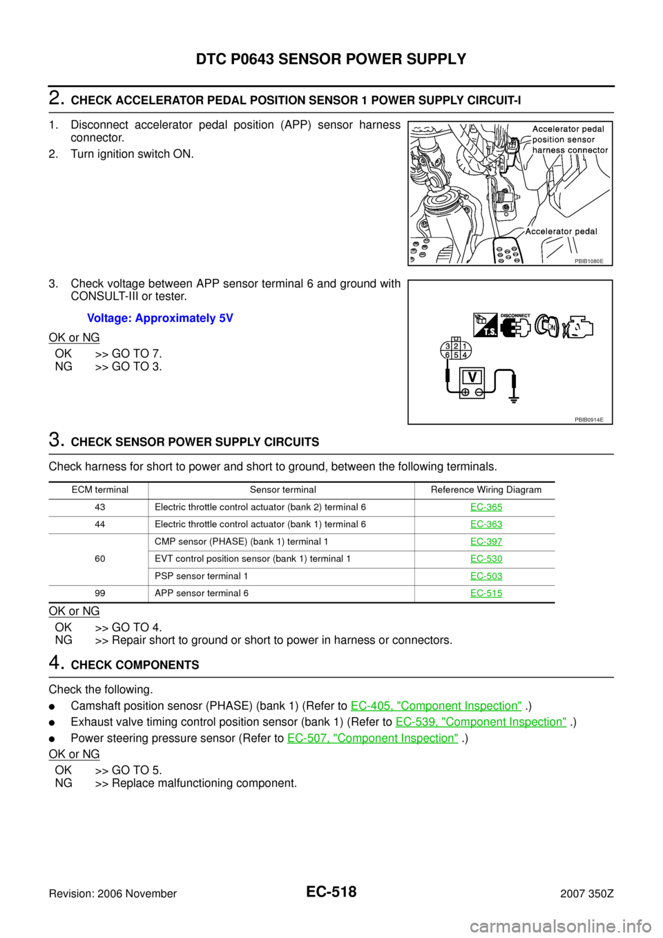 NISSAN 350Z 2007 Z33 Engine Control Workshop Manual EC-518
DTC P0643 SENSOR POWER SUPPLY
Revision: 2006 November2007 350Z
2. CHECK ACCELERATOR PEDAL POSITION SENSOR 1 POWER SUPPLY CIRCUIT-I
1. Disconnect accelerator pedal position (APP) sensor harness
NISSAN 350Z 2007 Z33 Engine Control Workshop Manual EC-518
DTC P0643 SENSOR POWER SUPPLY
Revision: 2006 November2007 350Z
2. CHECK ACCELERATOR PEDAL POSITION SENSOR 1 POWER SUPPLY CIRCUIT-I
1. Disconnect accelerator pedal position (APP) sensor harness