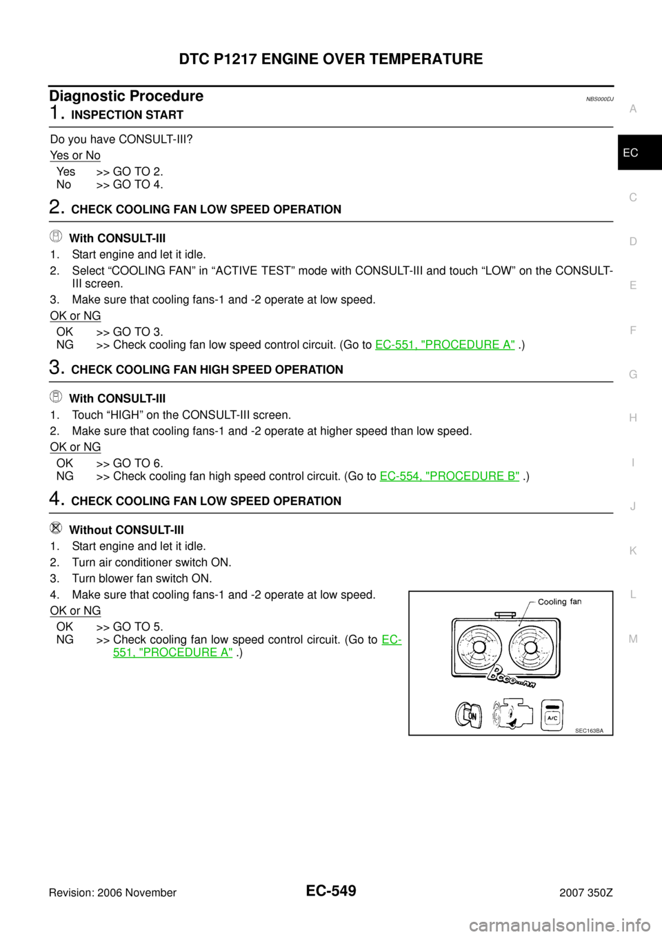 NISSAN 350Z 2007 Z33 Engine Control Workshop Manual DTC P1217 ENGINE OVER TEMPERATURE
EC-549
C
D
E
F
G
H
I
J
K
L
MA
EC
Revision: 2006 November2007 350Z
Diagnostic ProcedureNBS000DJ
1. INSPECTION START
Do you have CONSULT-III?
Ye s  o r  N o
Ye s > > G 