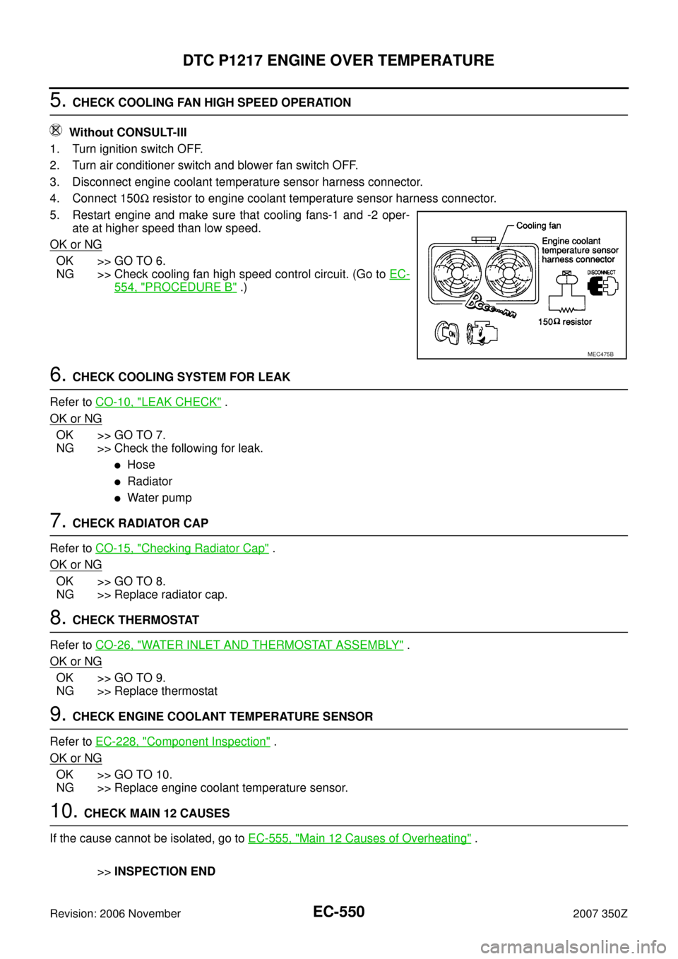 NISSAN 350Z 2007 Z33 Engine Control Workshop Manual EC-550
DTC P1217 ENGINE OVER TEMPERATURE
Revision: 2006 November2007 350Z
5. CHECK COOLING FAN HIGH SPEED OPERATION
Without CONSULT-III
1. Turn ignition switch OFF.
2. Turn air conditioner switch and NISSAN 350Z 2007 Z33 Engine Control Workshop Manual EC-550
DTC P1217 ENGINE OVER TEMPERATURE
Revision: 2006 November2007 350Z
5. CHECK COOLING FAN HIGH SPEED OPERATION
Without CONSULT-III
1. Turn ignition switch OFF.
2. Turn air conditioner switch and